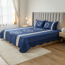 Navy Blue Embroidered Quilted Cotton Bed Sheet Set