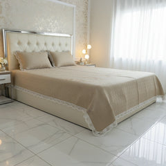 Beige Embroidered Quilted Cotton Bed Sheet Set