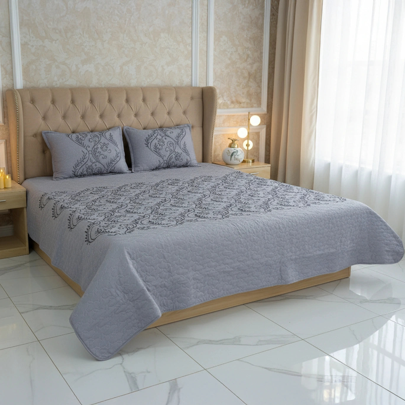 Fancy Embroidered Bed Sheet Set (Grey)