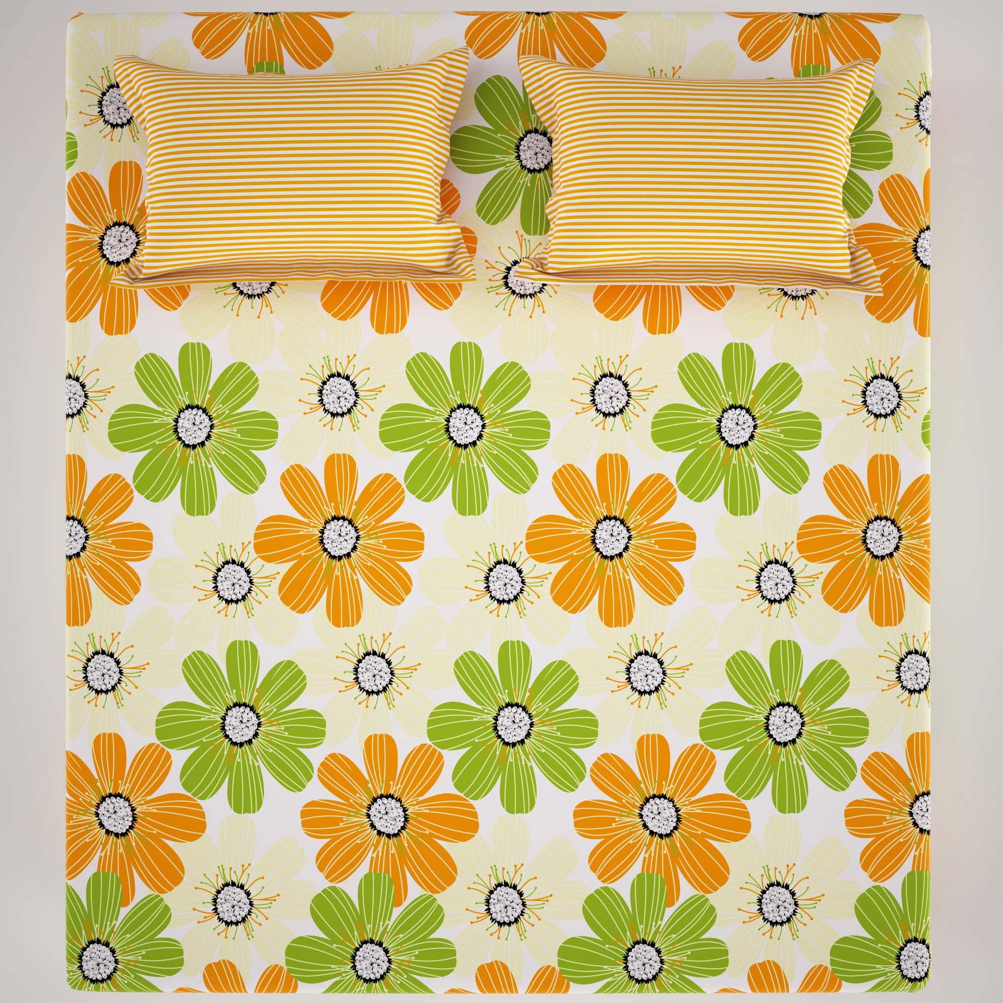 Sateen Bed Sheet Set Floral Yellow Green Orange - 4035