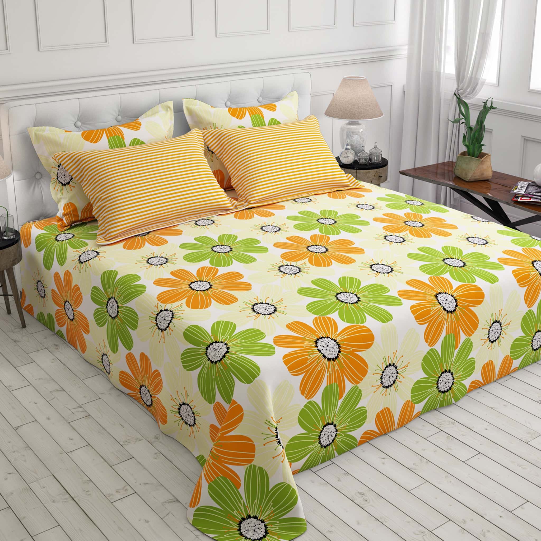 Sateen Bed Sheet Set Floral Yellow Green Orange - 4035