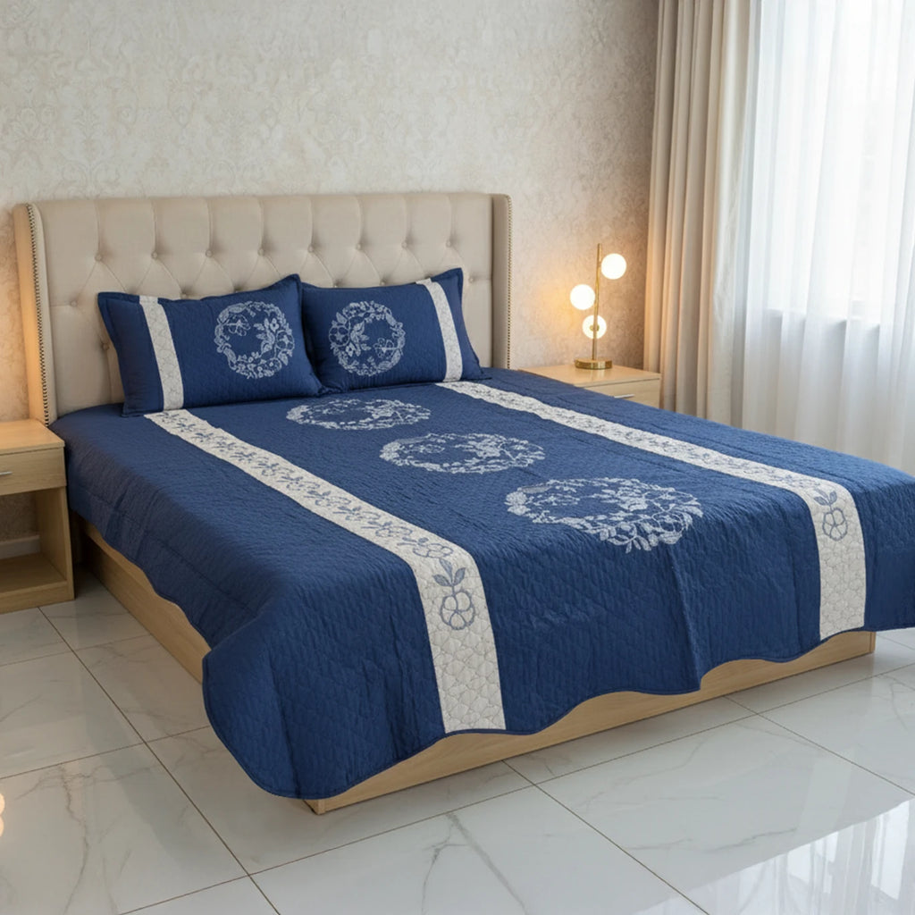 Navy Blue Embroidered Quilted Cotton Bed Sheet Set
