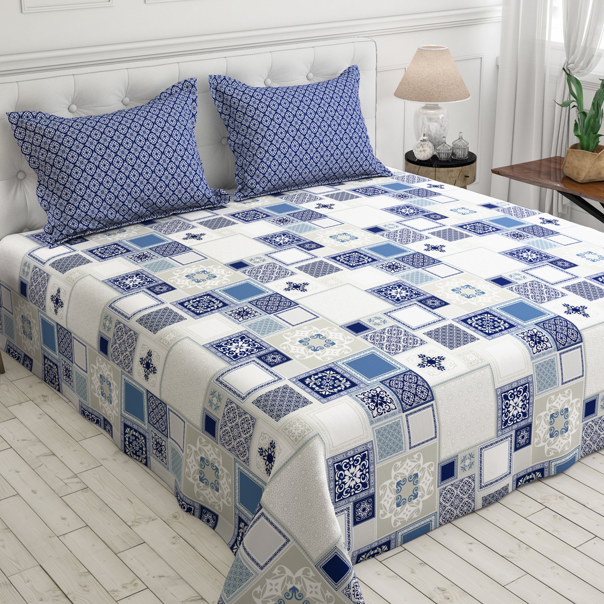 Xara Sky Blue Geometric Rhombus Floral Bed Sheet Set - 5708.5712