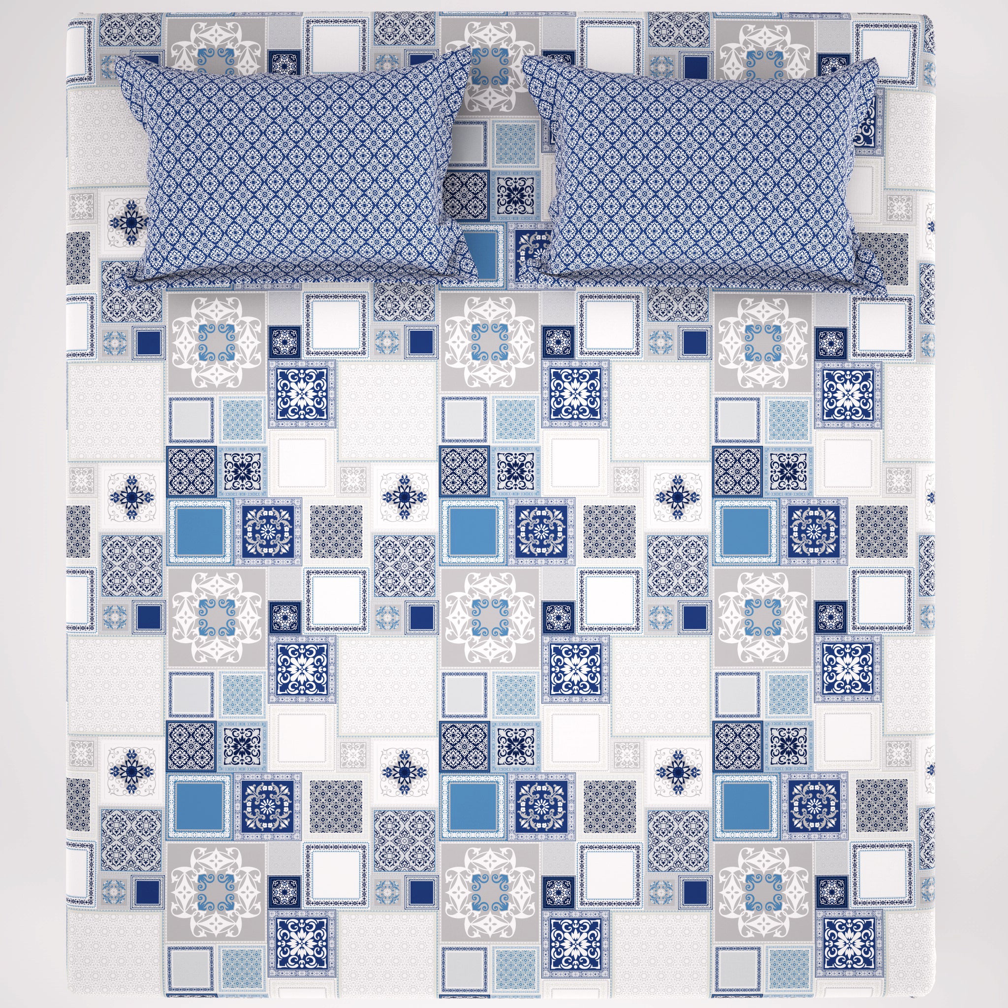 Xara Sky Blue Geometric Rhombus Floral Bed Sheet Set - 5708.5712