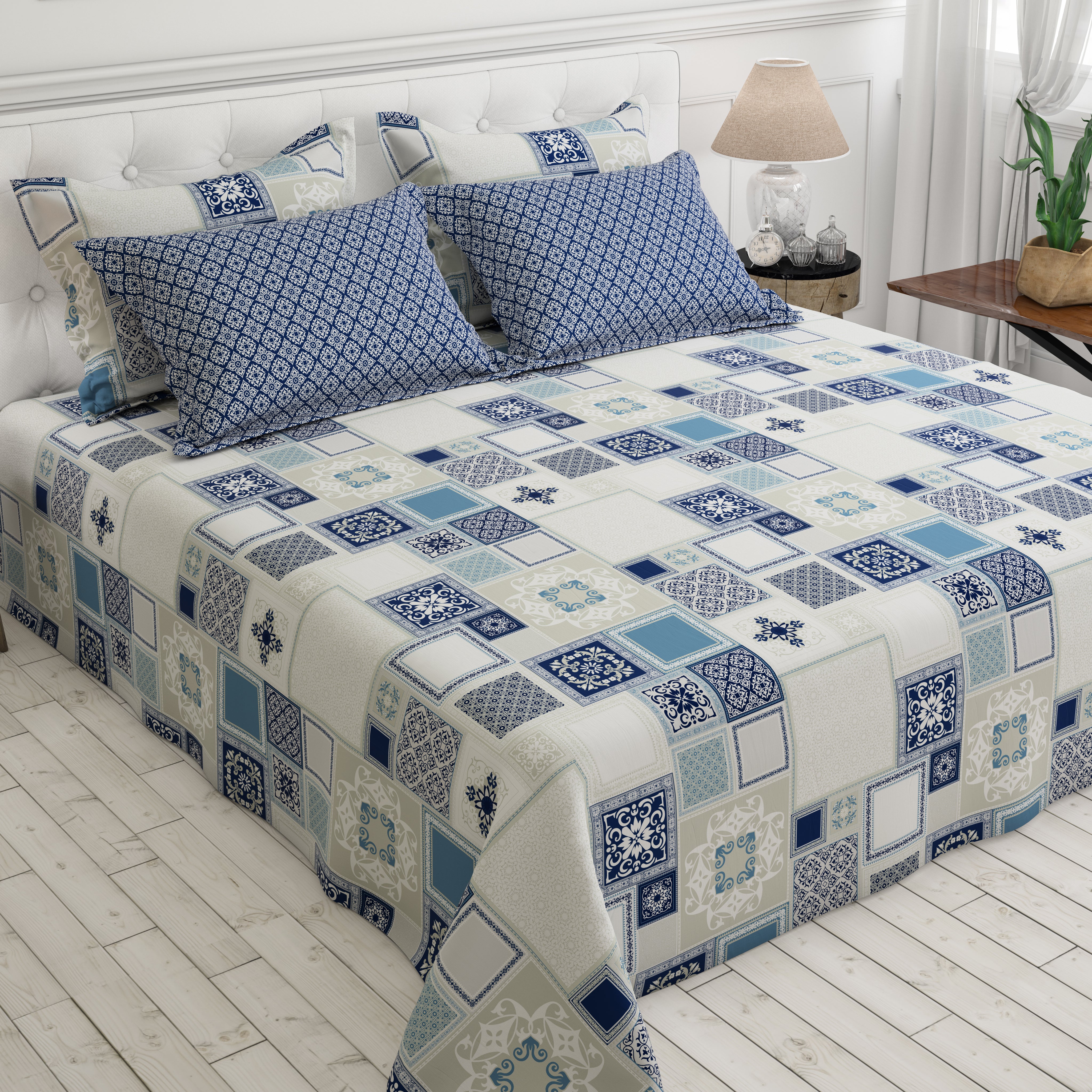 Xara Sky Blue Geometric Rhombus Floral Bed Sheet Set - 5708.5712