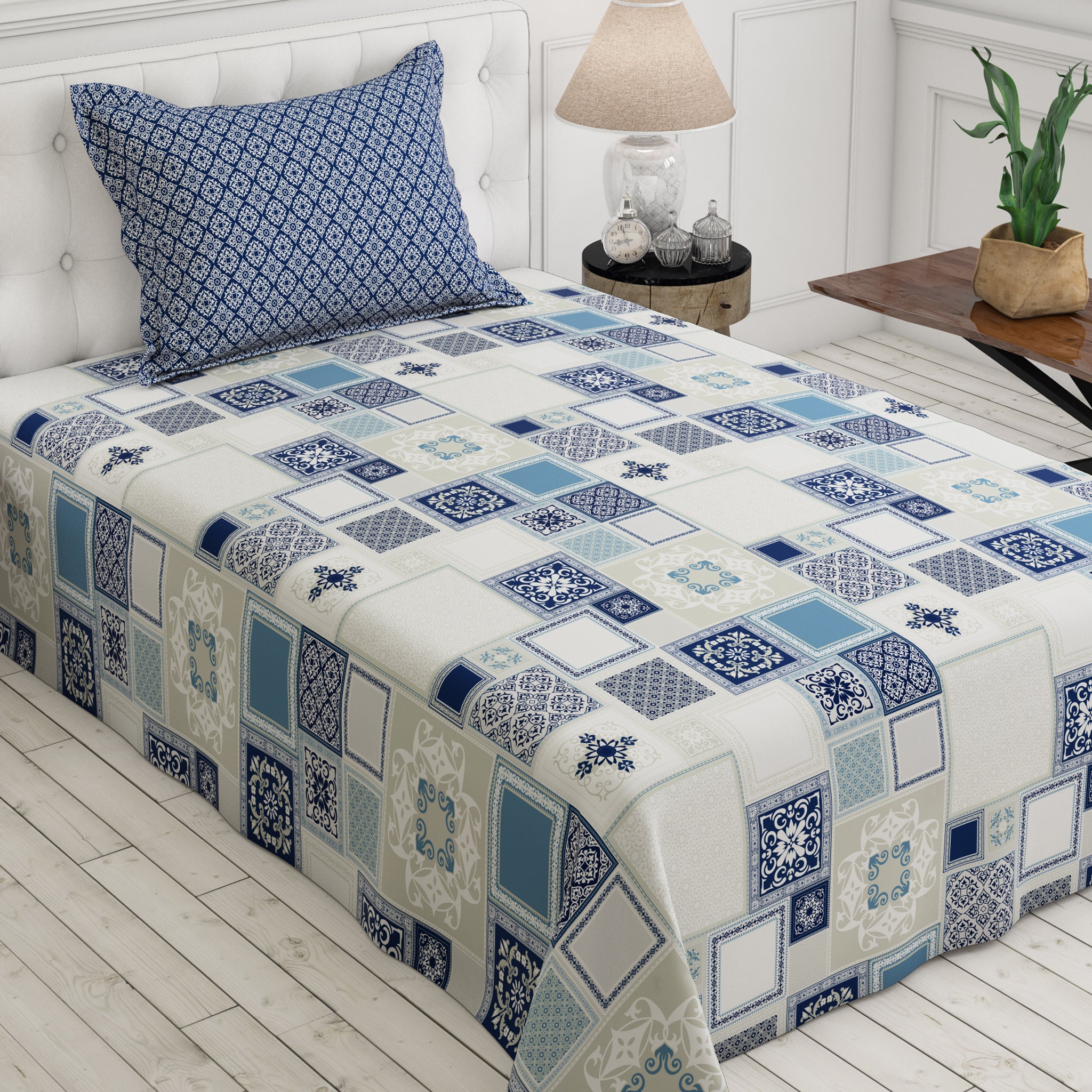 Xara Sky Blue Geometric Rhombus Floral Bed Sheet Set - 5708.5712