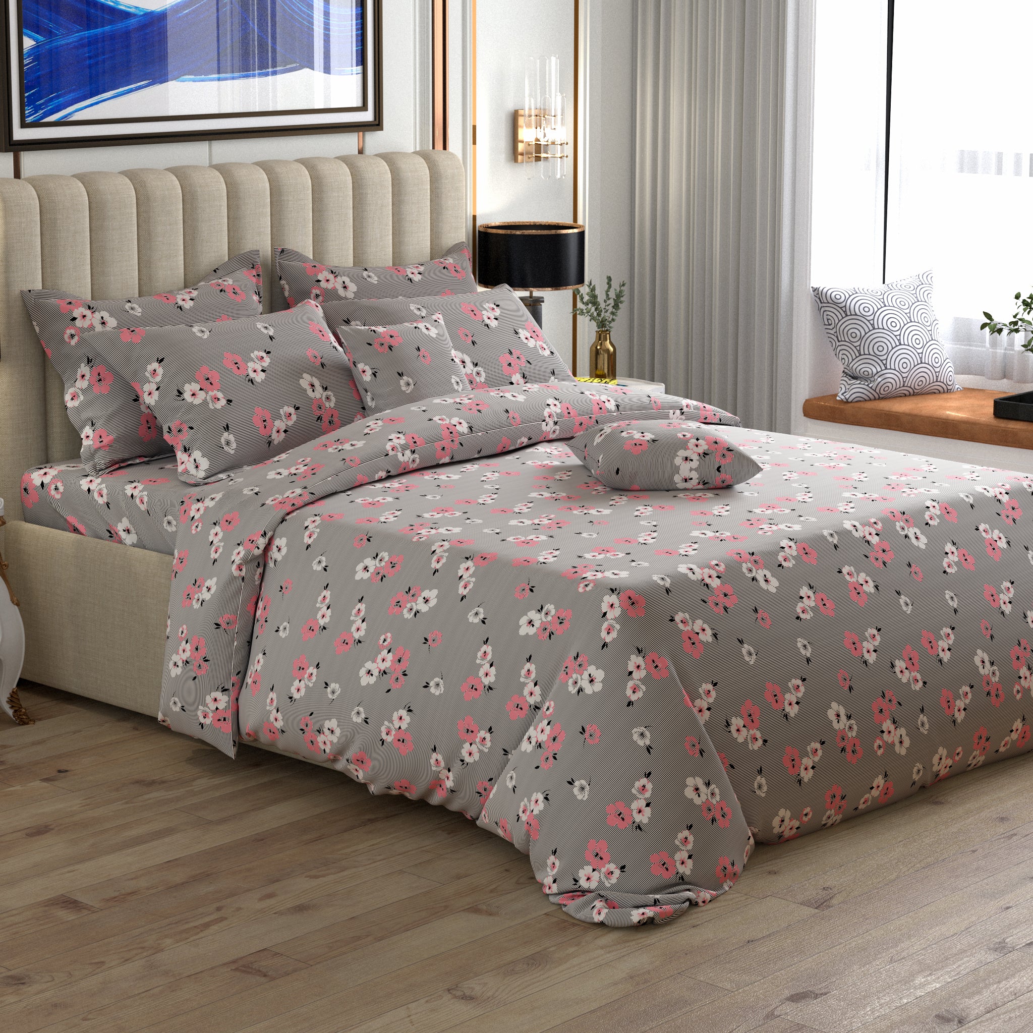 Grey Floral Sateen Quilt Cover Set - 5902