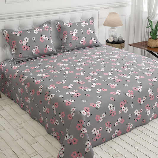 Black White Floral Sateen Bed Sheet Set - 5902