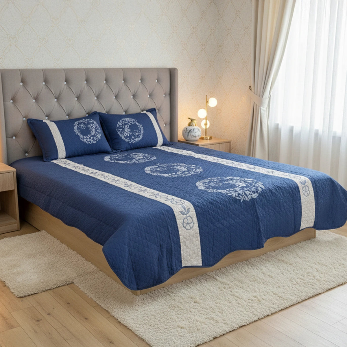 Navy Blue Embroidered Quilted Cotton Bed Sheet Set