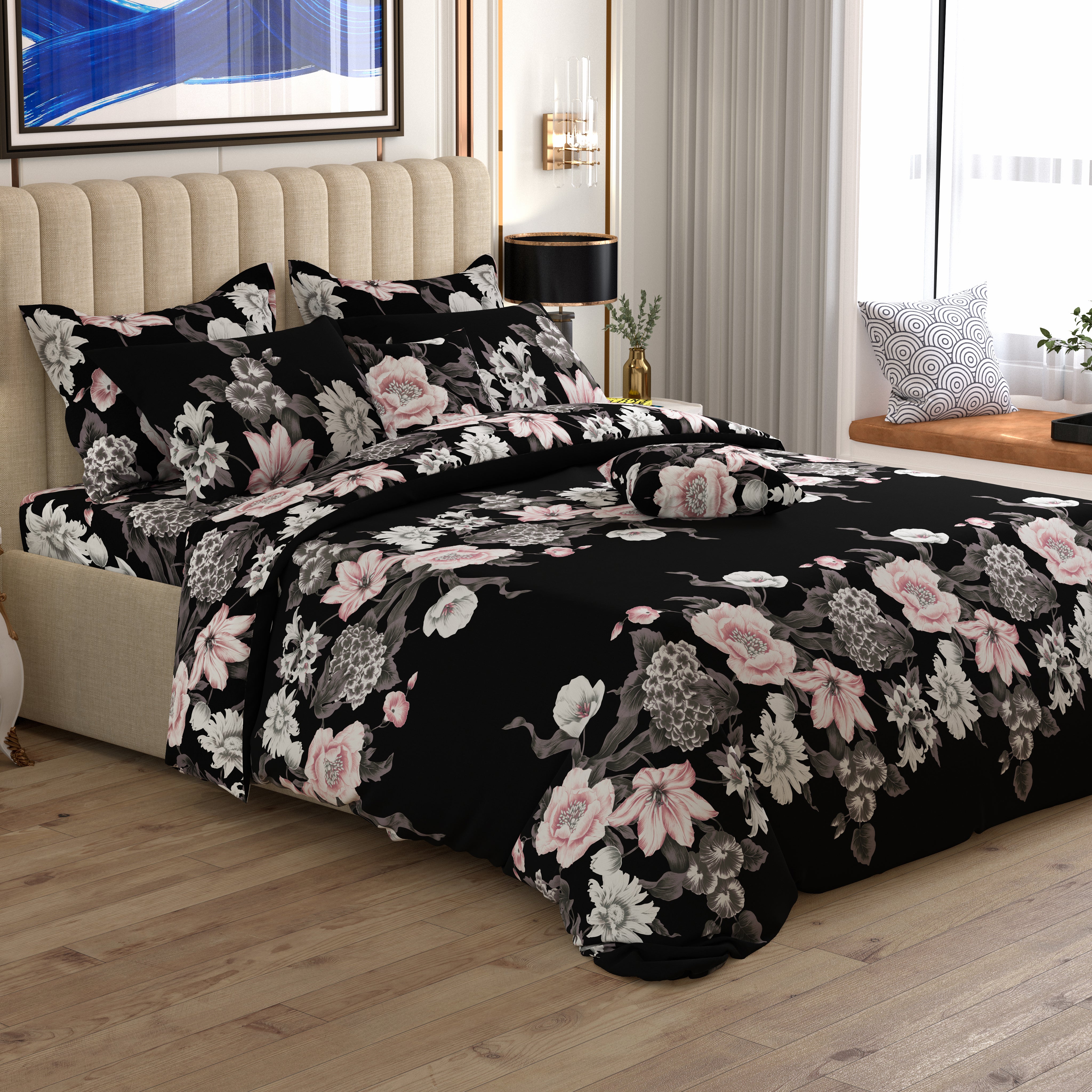 Black Floral Sateen Quilt Cover Set - 6331