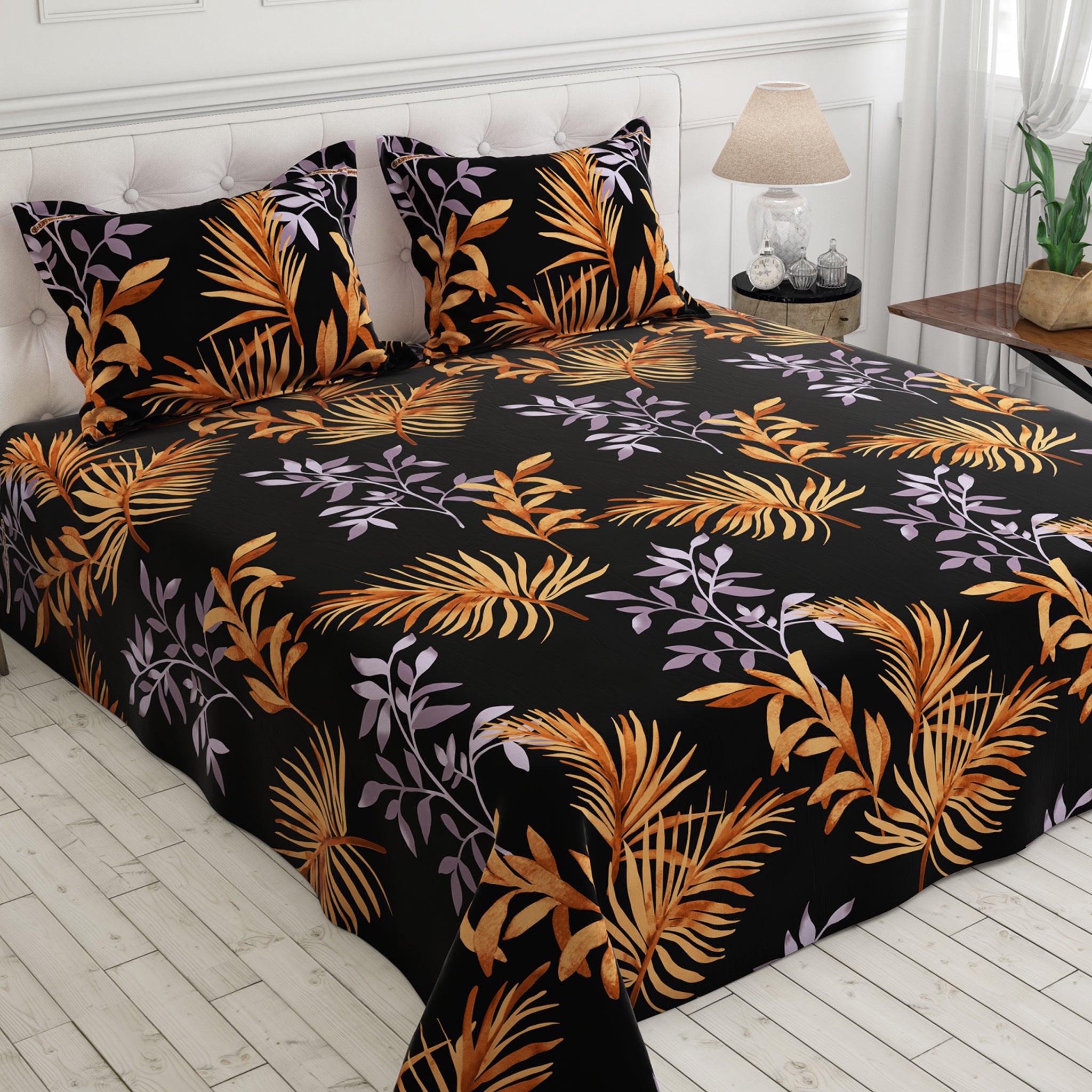 Black Leaves Sateen Bed Sheet Set - 6452(B)