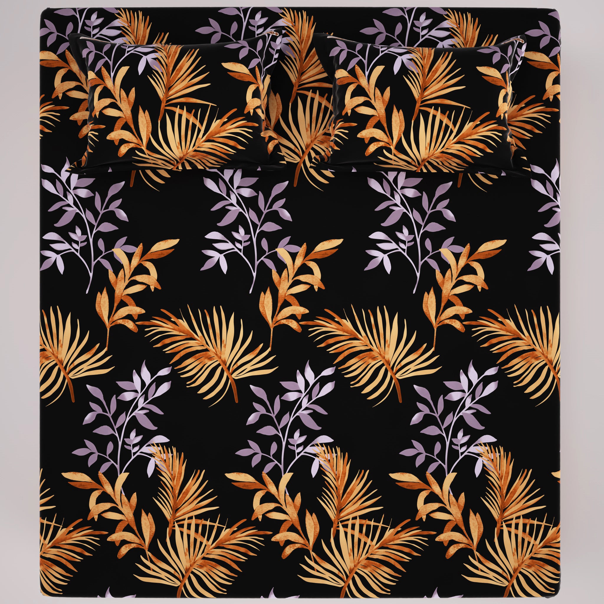 Black Leaves Sateen Bed Sheet Set - 6452(B)