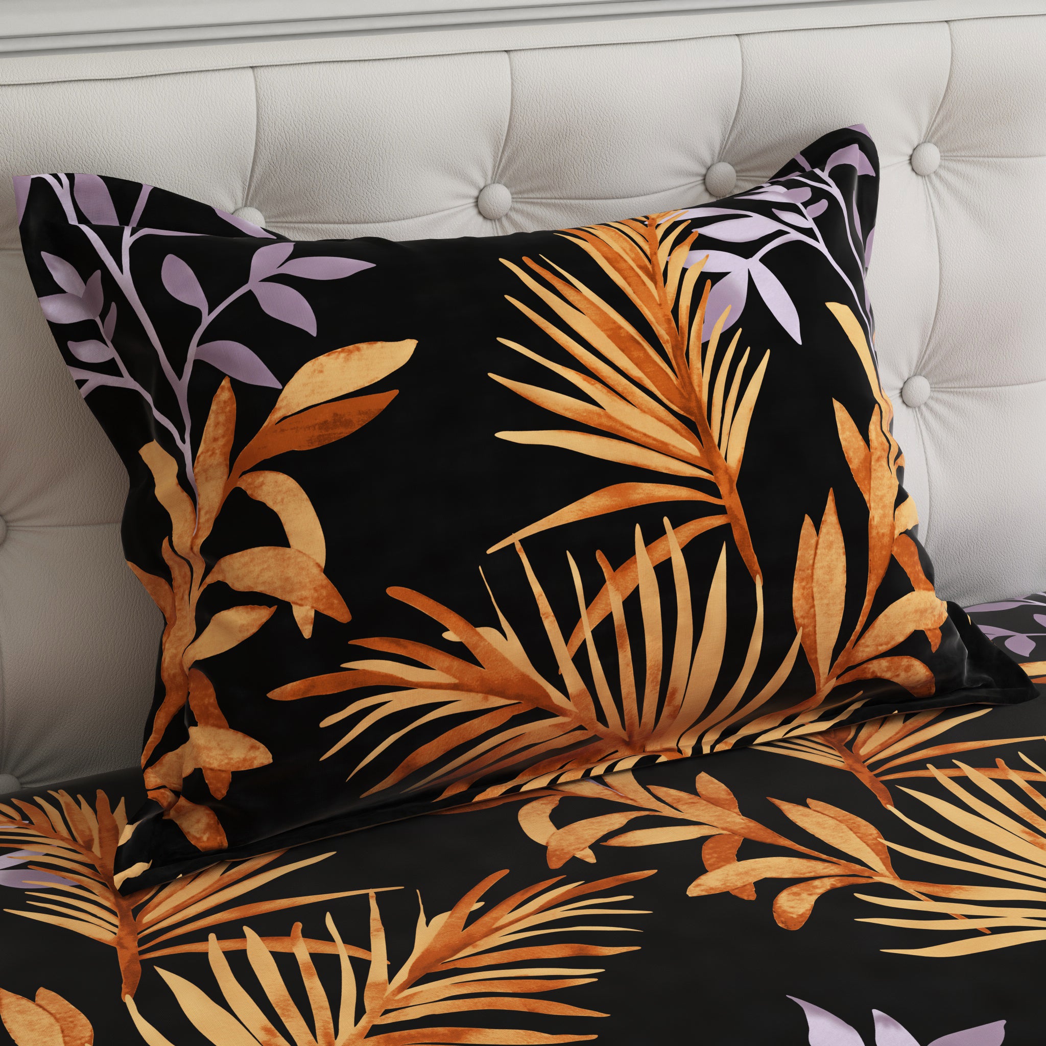 Black Leaves Sateen Bed Sheet Set - 6452(B)