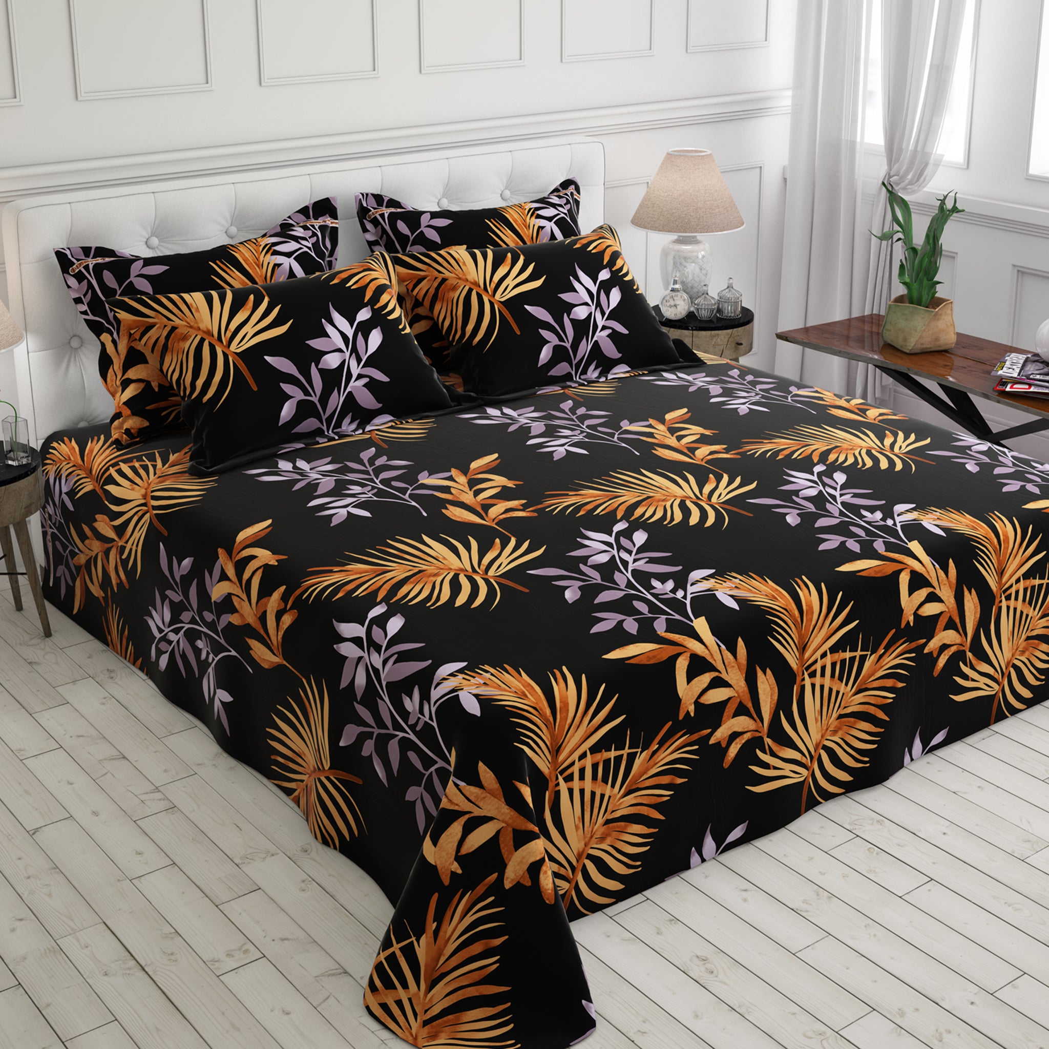 Black Leaves Sateen Bed Sheet Set - 6452(B)