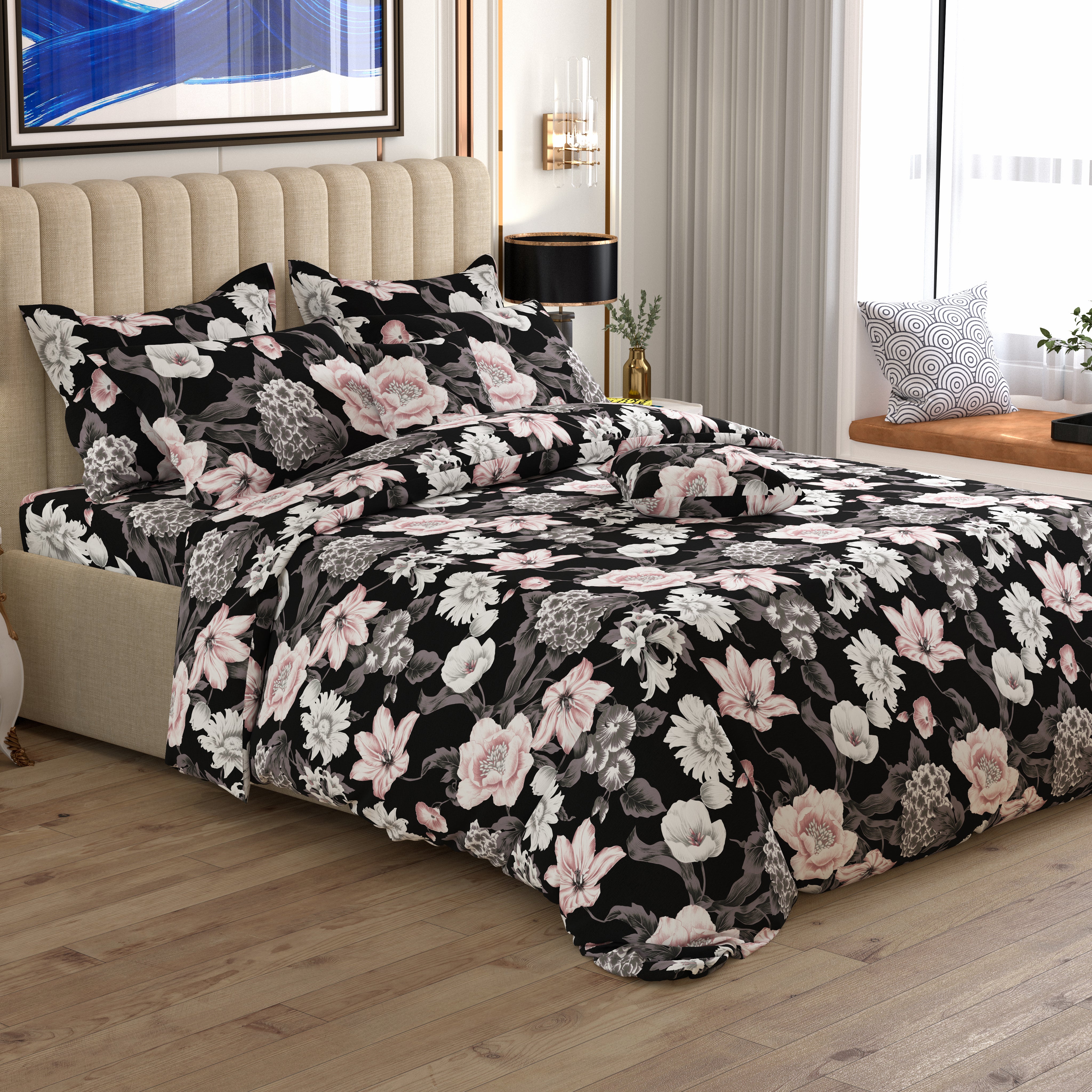 Black Floral Sateen Quilt Cover Set - 6331