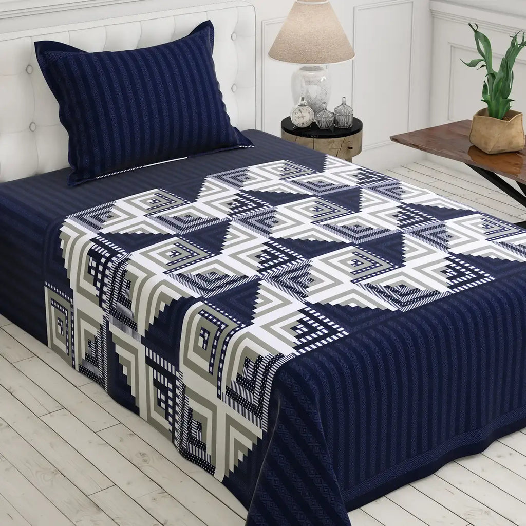 Royal Blue Geometric Squares & Triangles Sateen Bed Sheet Set