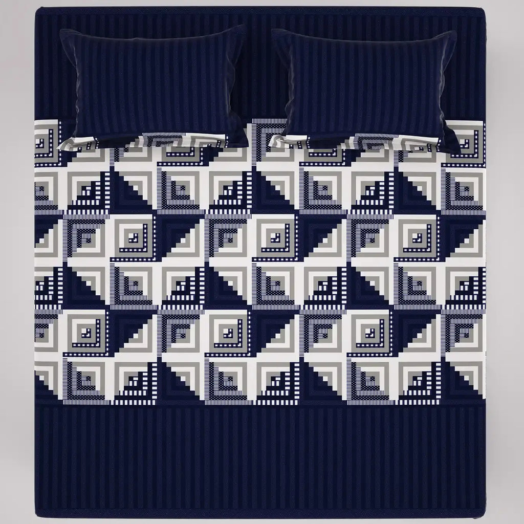 Royal Blue Geometric Squares & Triangles Sateen Bed Sheet Set