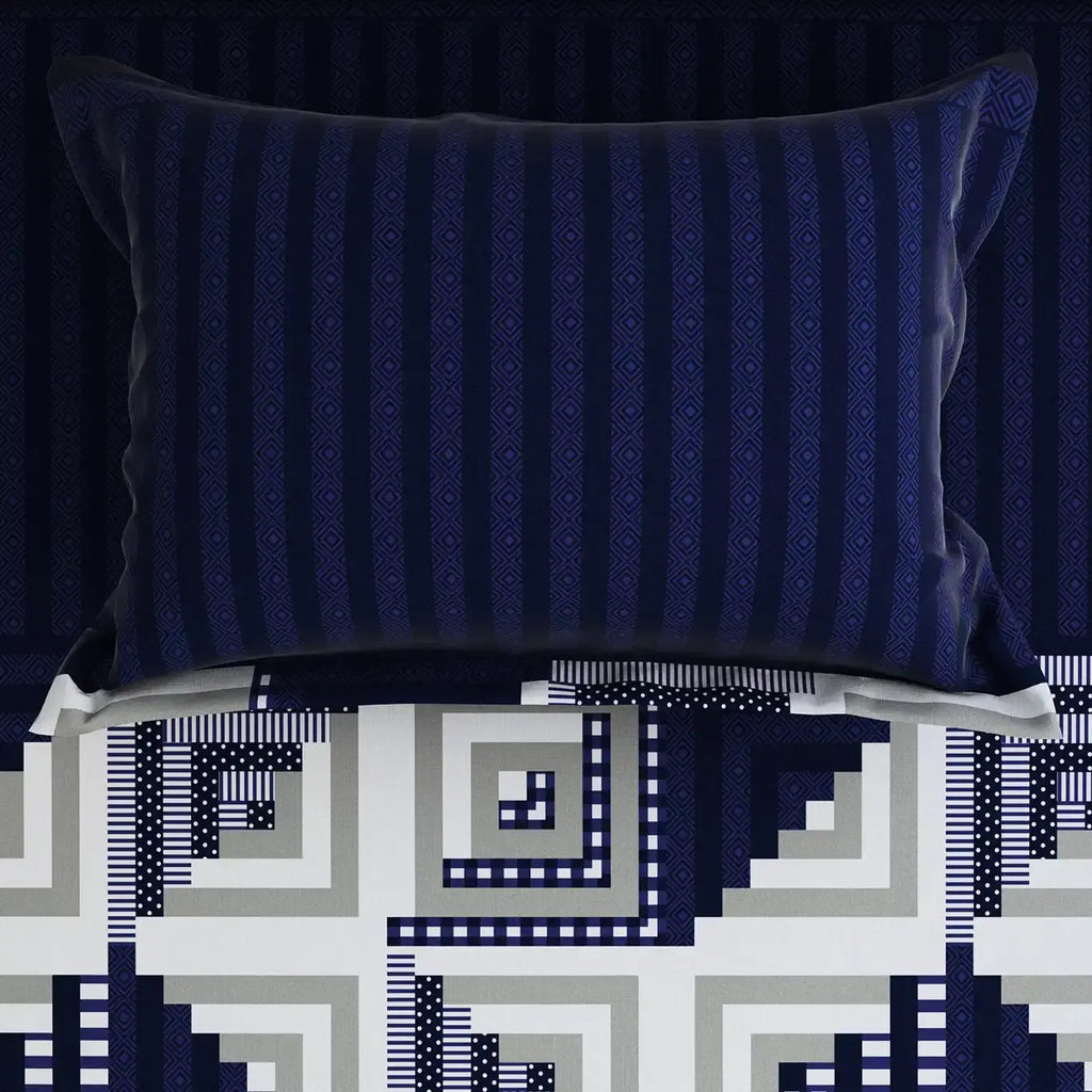 Royal Blue Geometric Squares & Triangles Sateen Bed Sheet Set