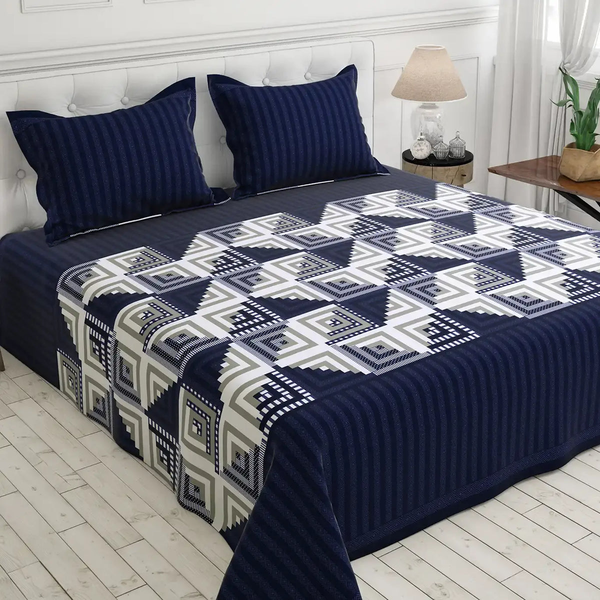 Royal Blue Geometric Squares & Triangles Sateen Bed Sheet Set - 6744