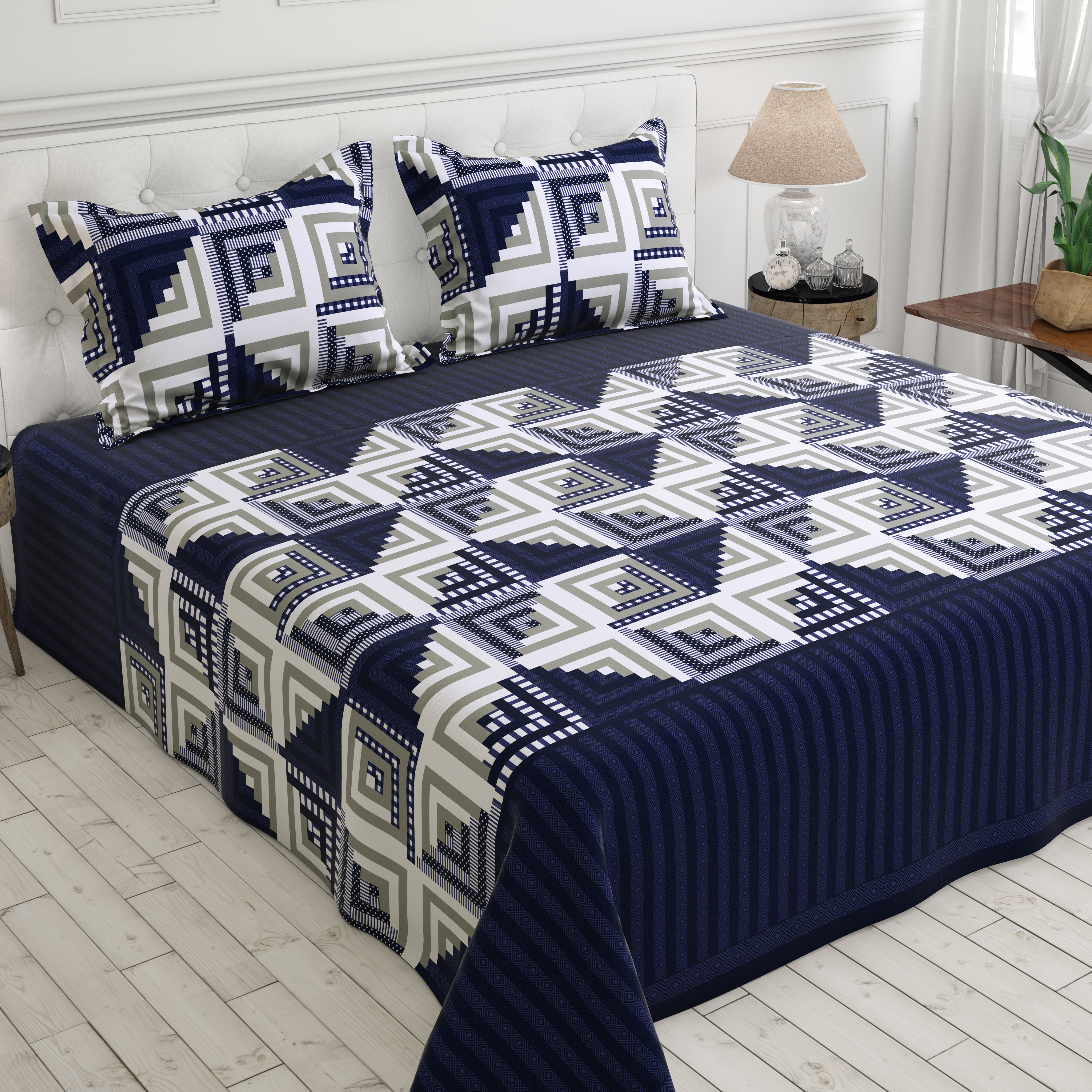 Royal Blue Geometric Squares & Triangles Sateen Bed Sheet Set - 6744