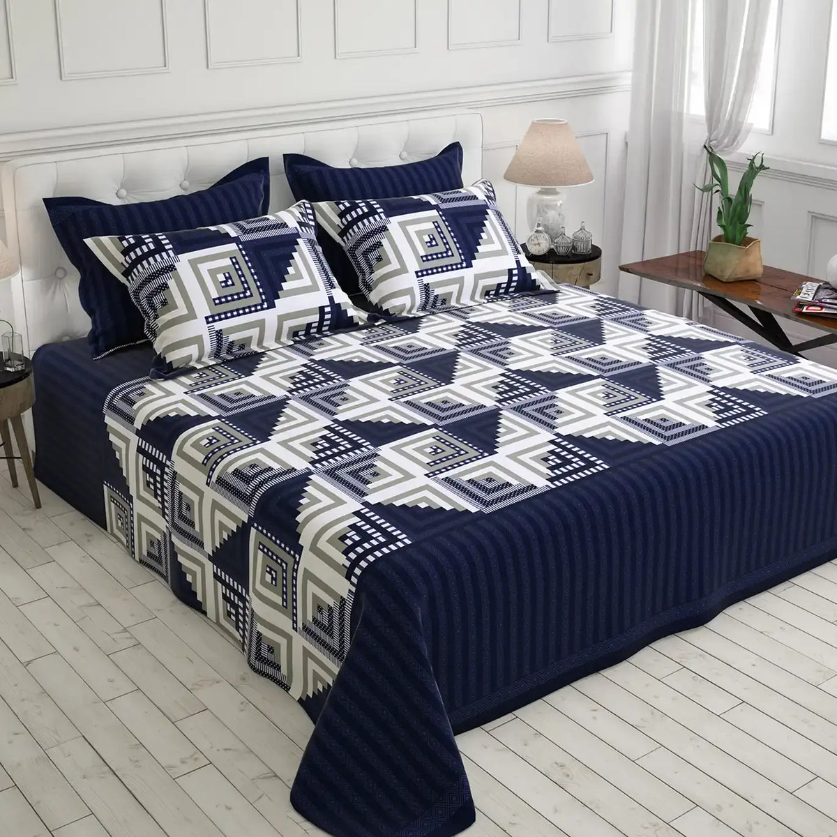 Royal Blue Geometric Squares & Triangles Sateen Bed Sheet Set