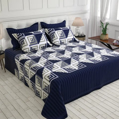 Royal Blue Geometric Squares & Triangles Sateen Bed Sheet Set - 6744