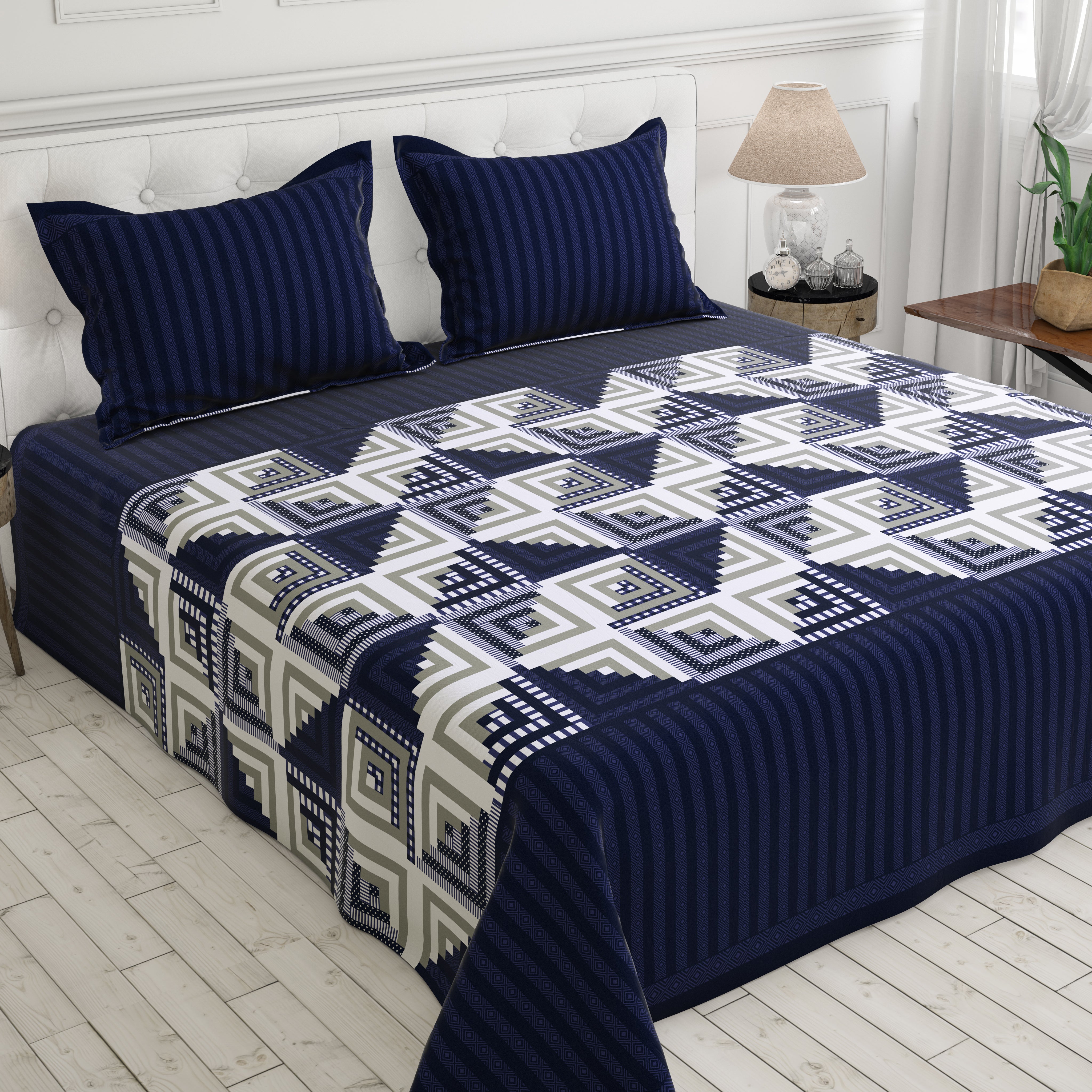 Royal Blue Geometric Squares & Triangles Sateen Bed Sheet Set - 6744