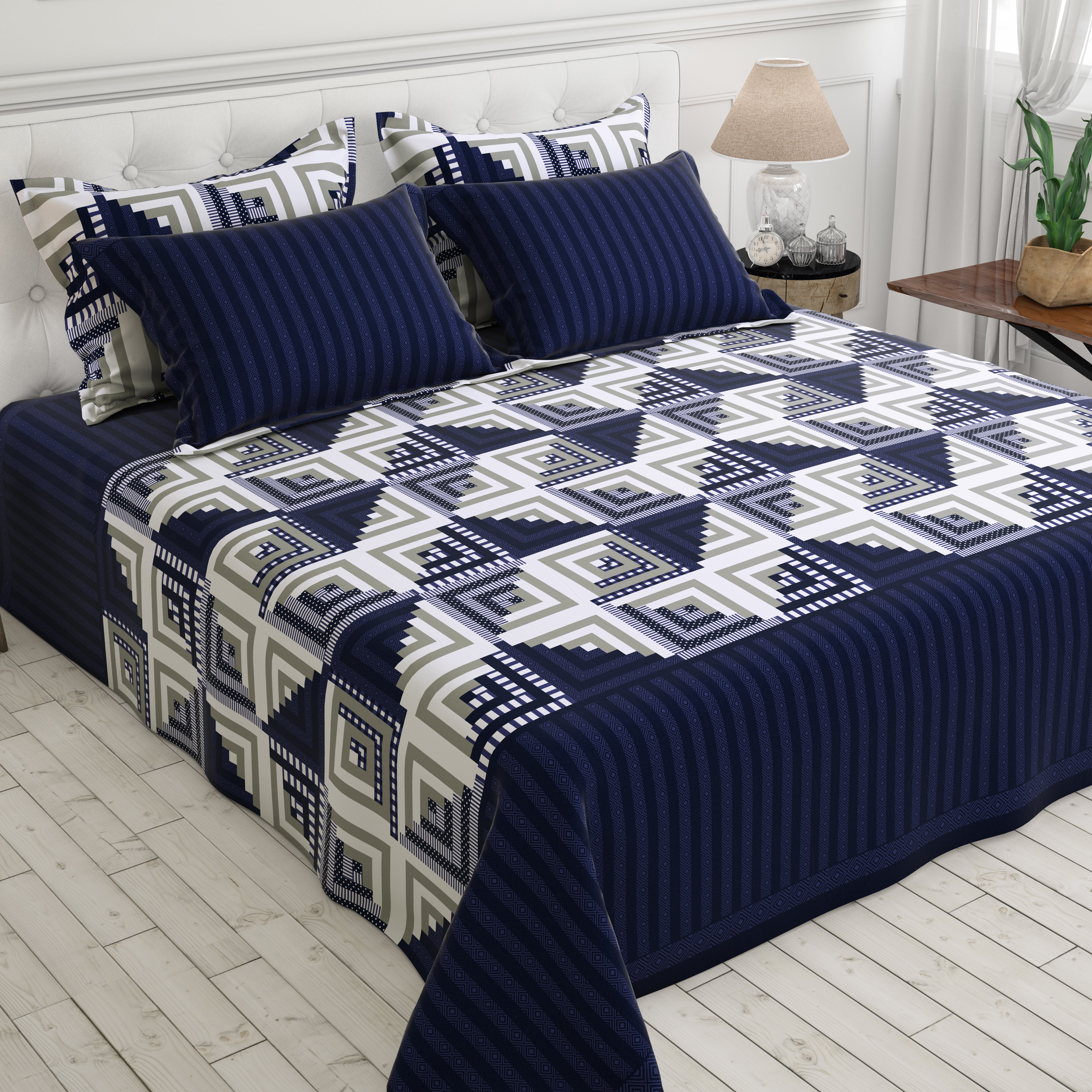 Royal Blue Geometric Squares & Triangles Sateen Bed Sheet Set - 6744