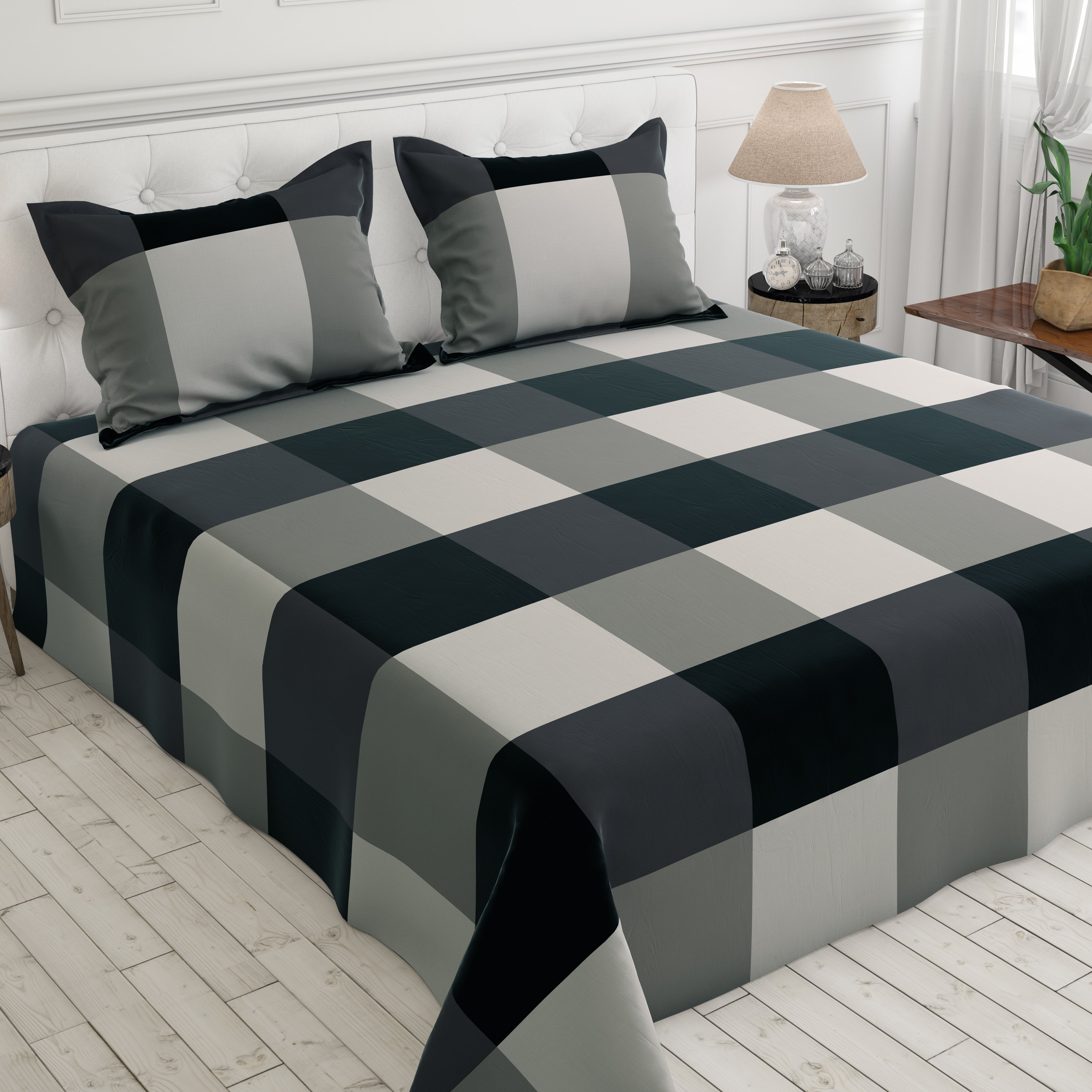 Sateen Black Grey Floral Bunch Bed Sheet Set - 6816