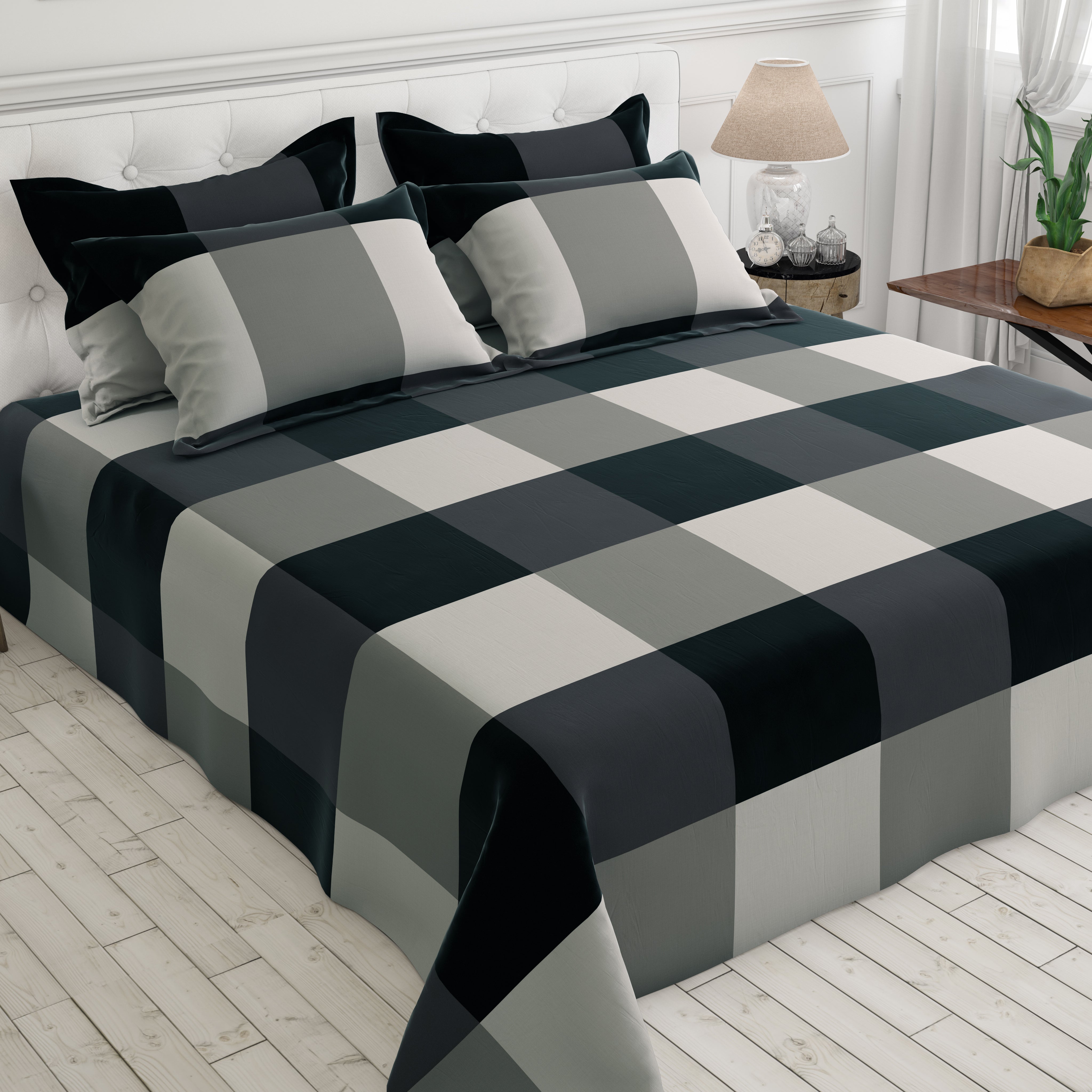 Sateen Black Grey Floral Bunch Bed Sheet Set - 6816