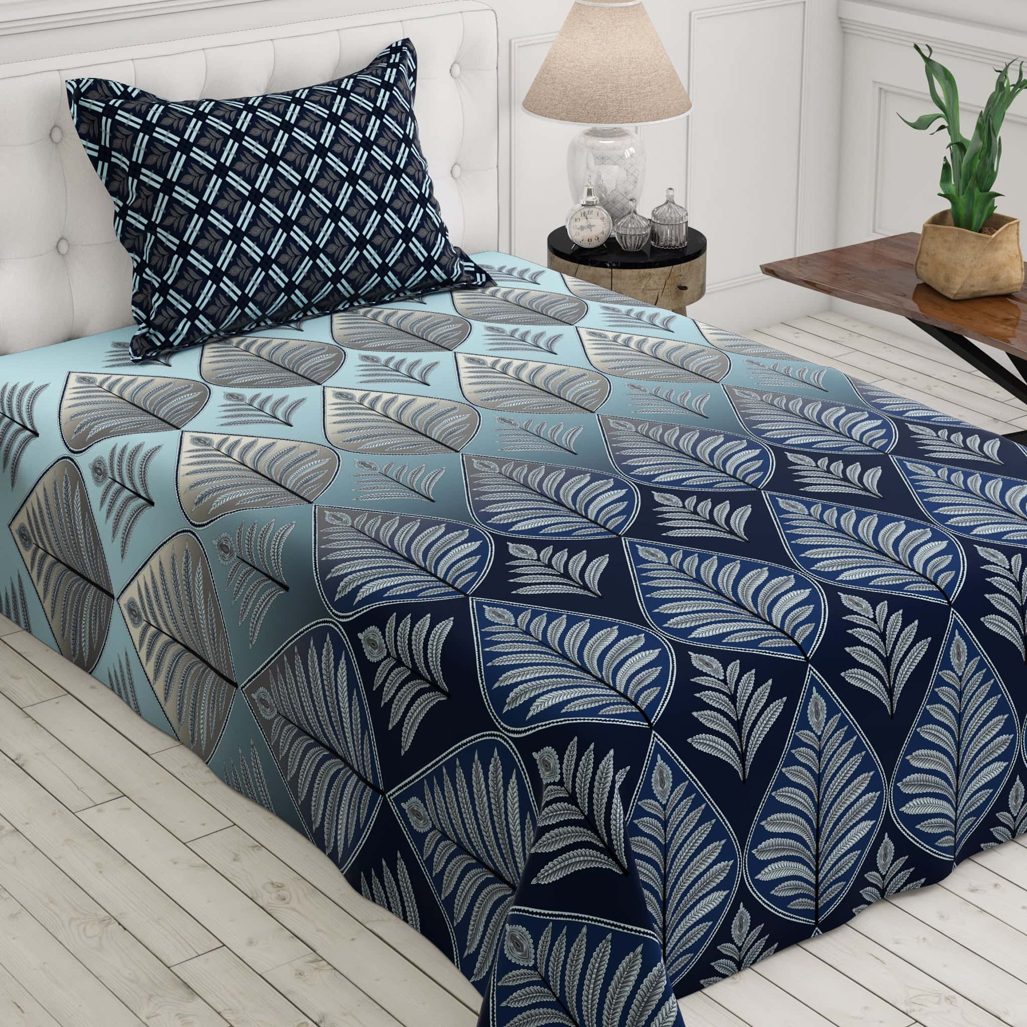 Blue Leaf Sateen Bed Sheet Set - 6935-6936