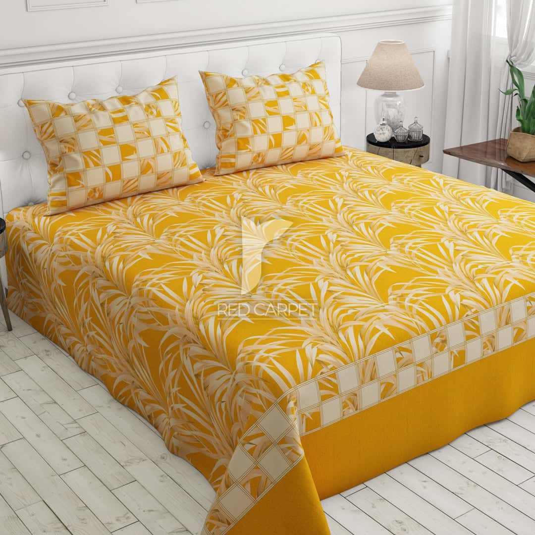 Mustard Leaf Sateen Bed Sheet Set - 6963