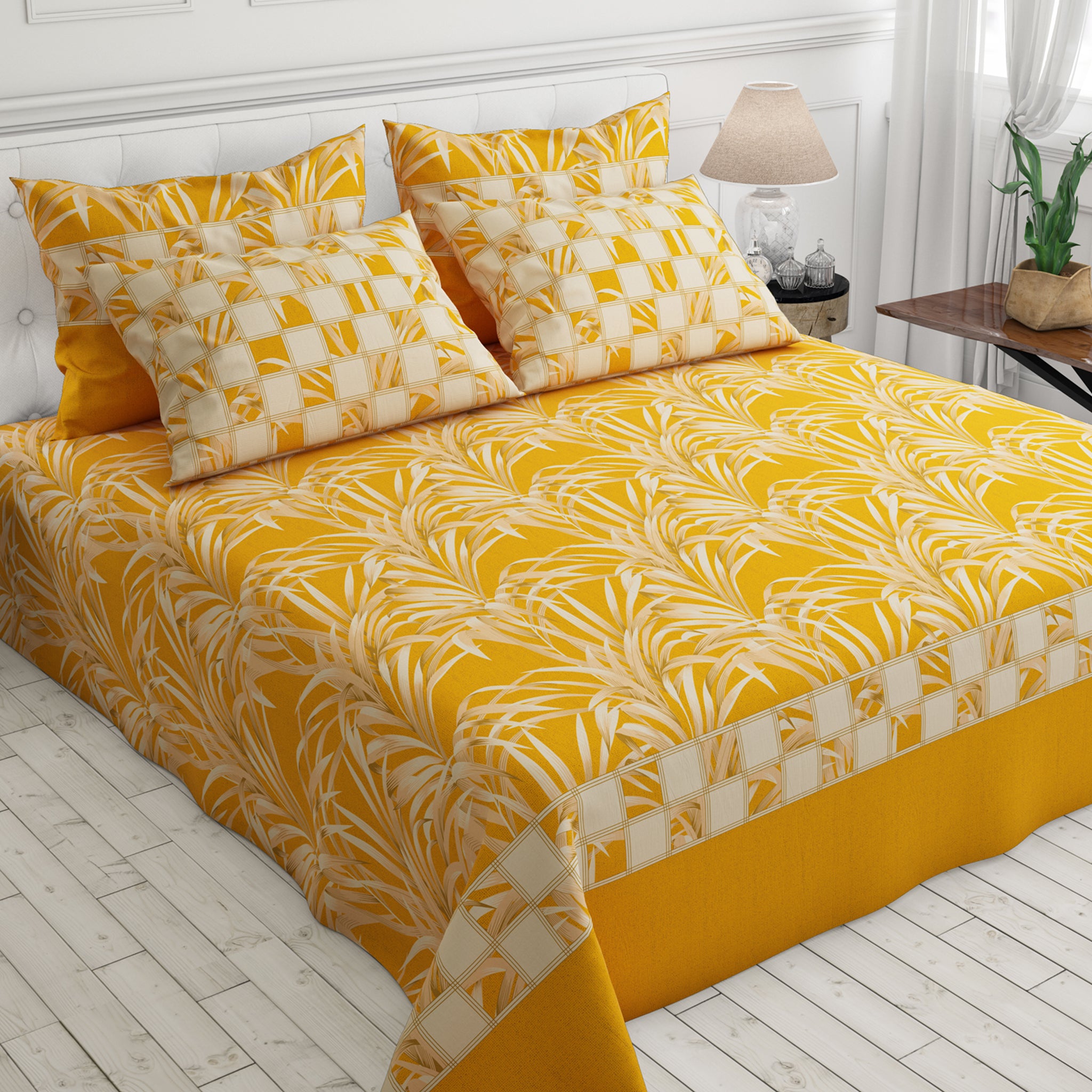 Mustard Leaf Sateen Bed Sheet Set - 6963