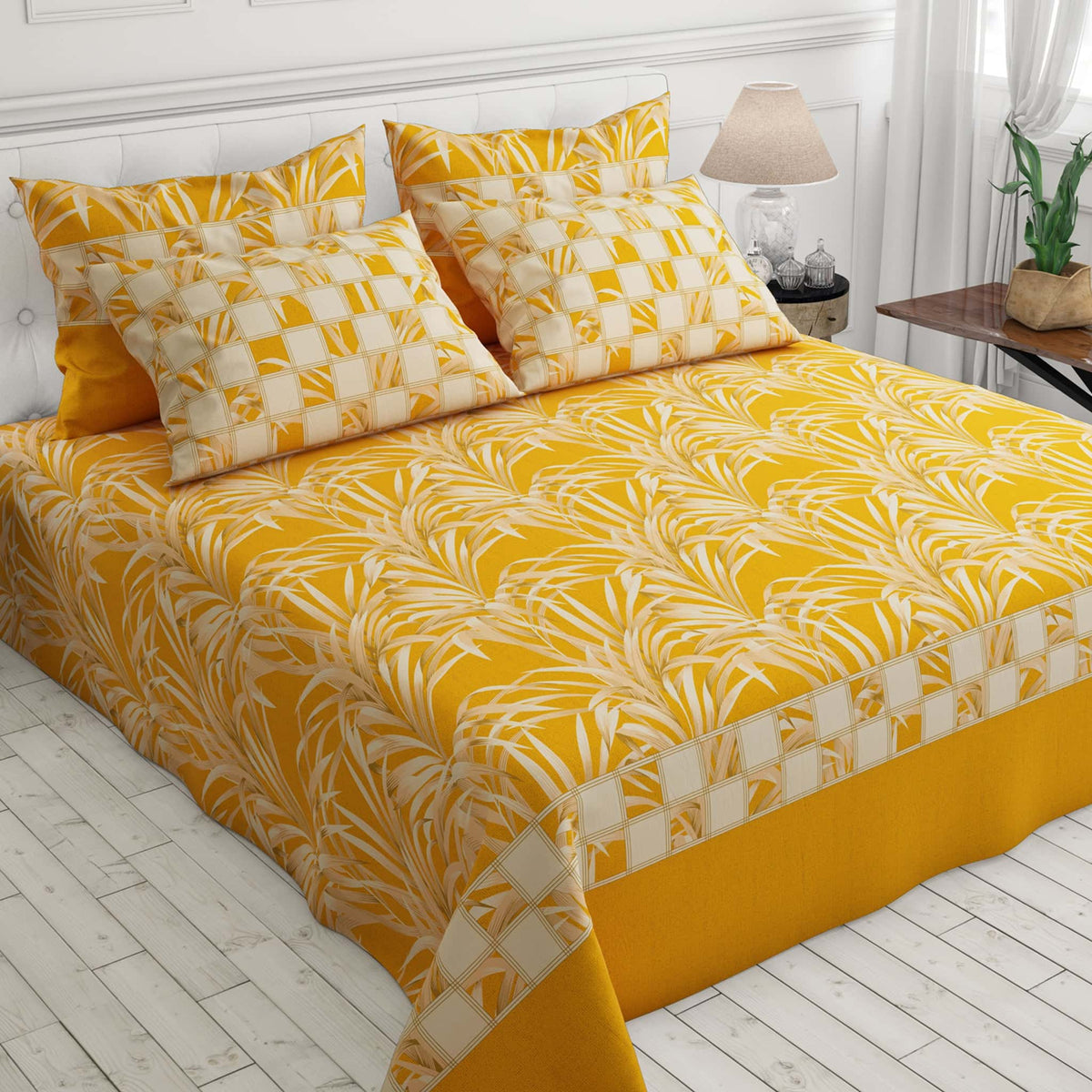 Mustard Leaf Sateen Bed Sheet Set