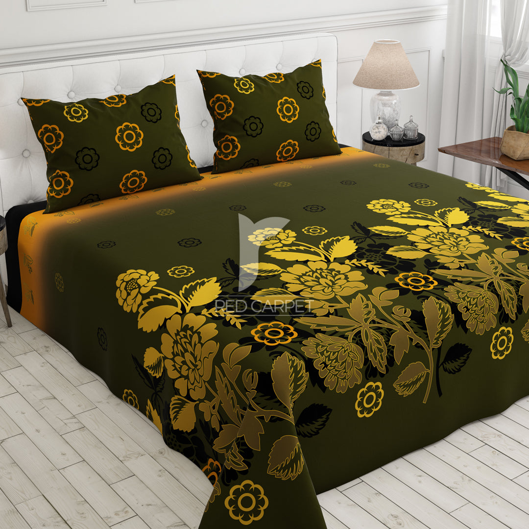 Green Floral Sateen Bed Sheet Set - 7023