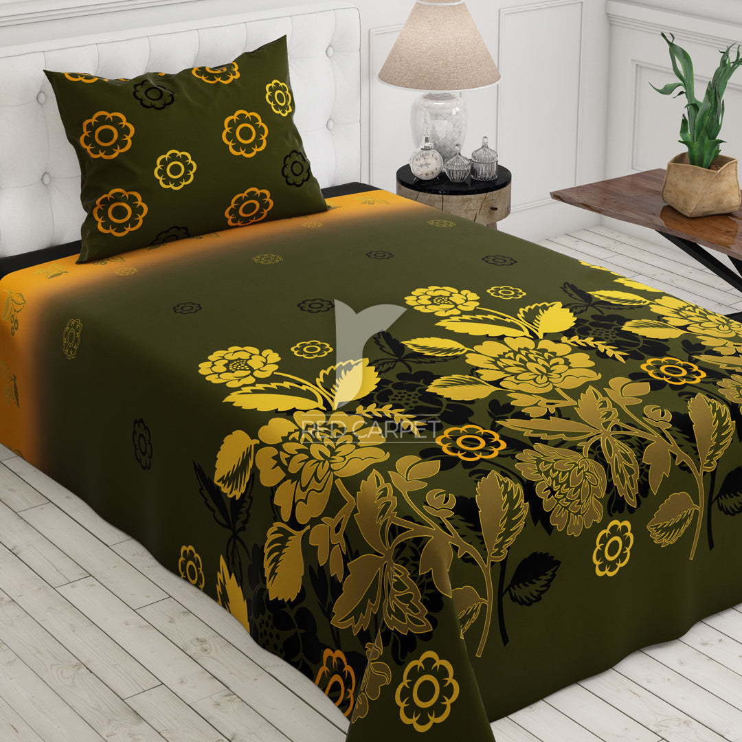 Green Floral Sateen Bed Sheet Set - 7023