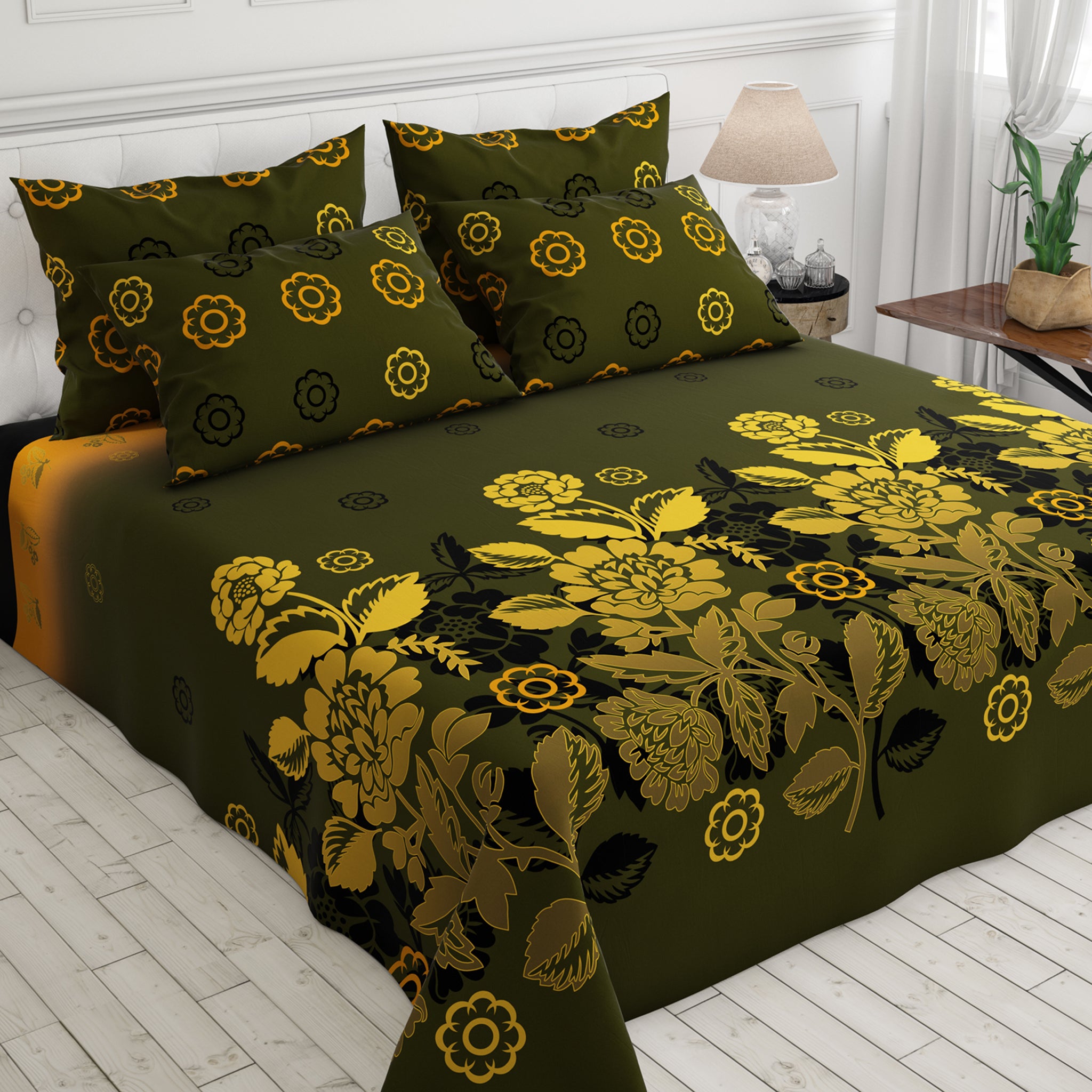 Green Floral Sateen Bed Sheet Set - 7023