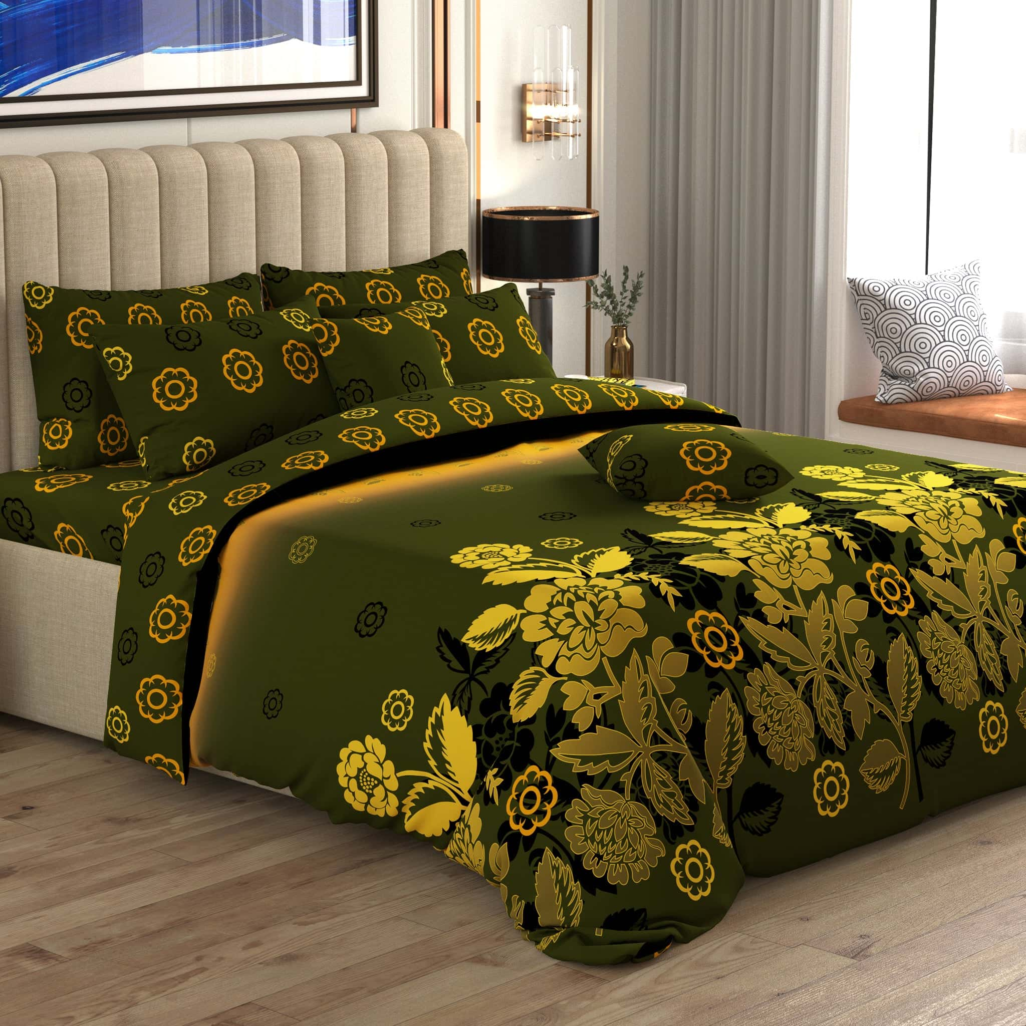 Olive Green Floral Sateen Quilt Cover Set - 7023