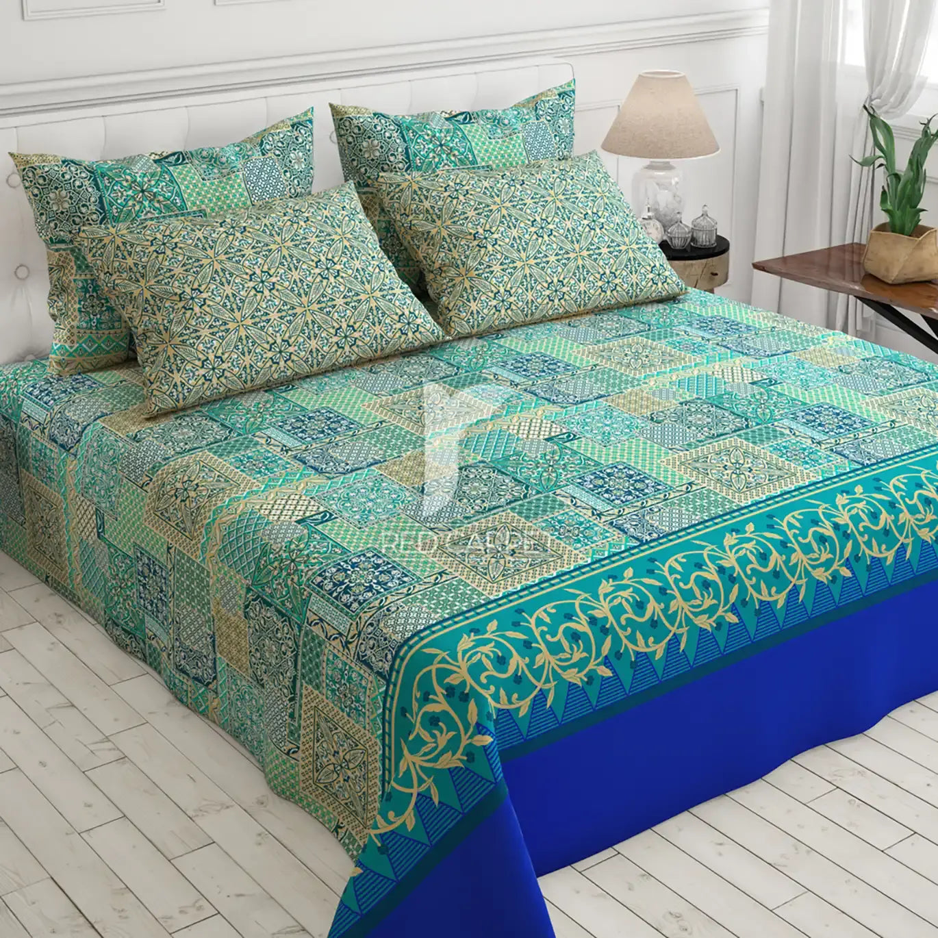 Xara Sea Green Floral Bed Sheet Set - 7198-7199