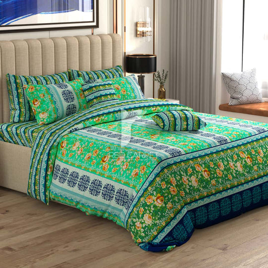 Xara Green Floral Stripes & Geometric Quilt Cover Set - 7303