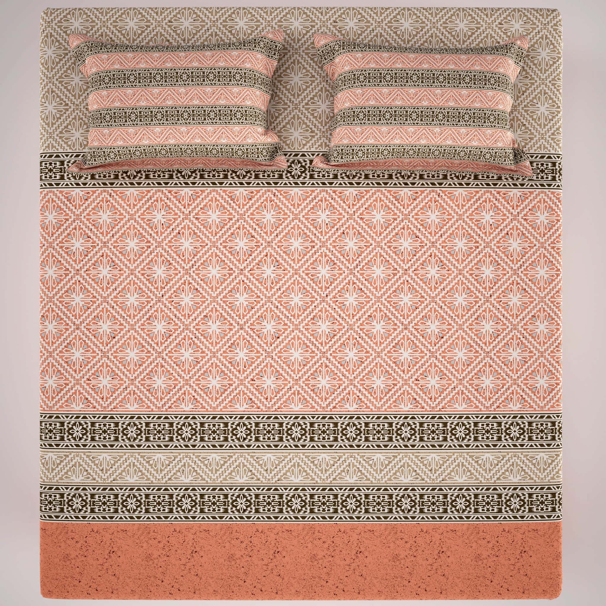 Xara Peach L-Brown Geometric Shapes Bed Sheet Set - 7310-7311