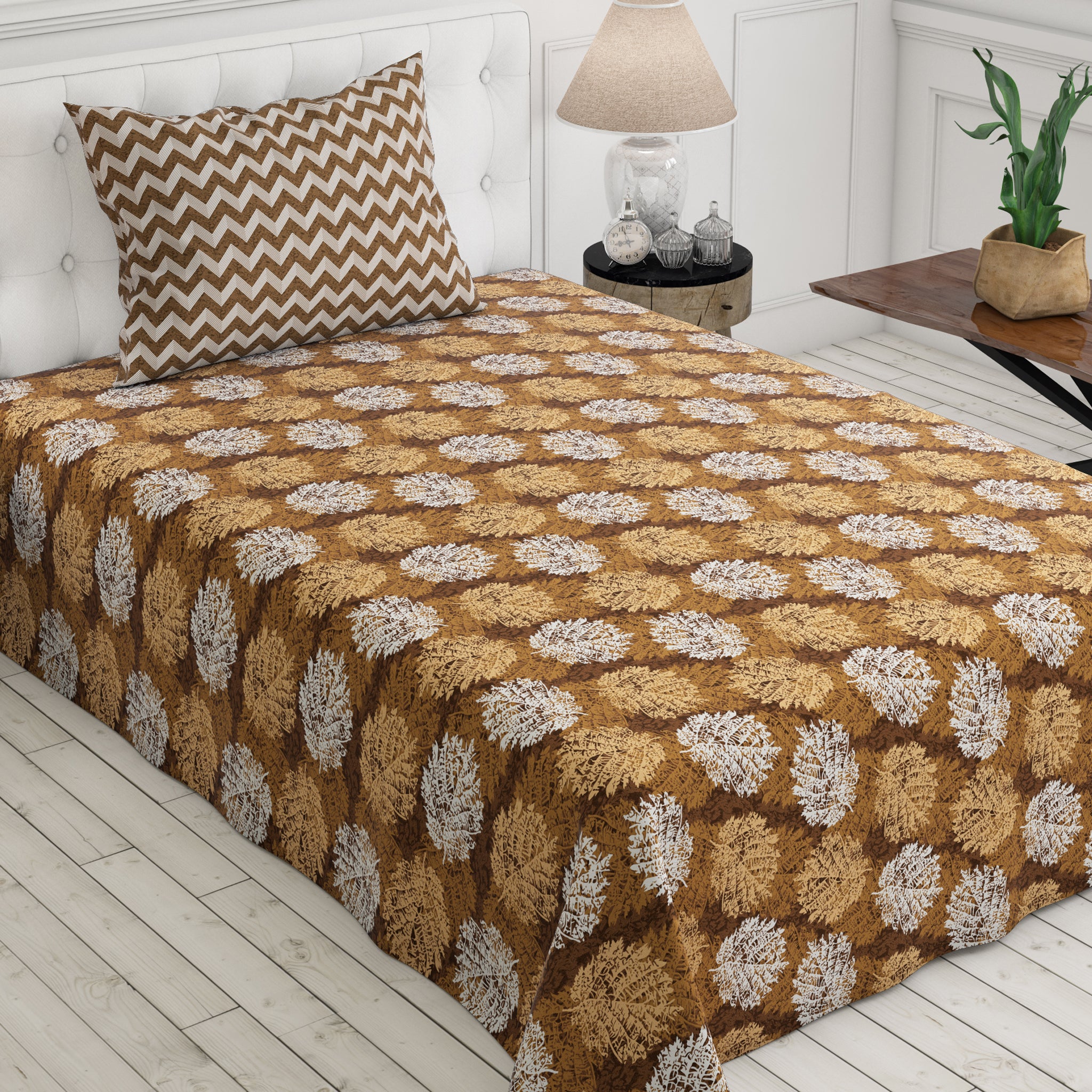 Xara Brown Leaf Design Bed Sheet Set - 7342-7343