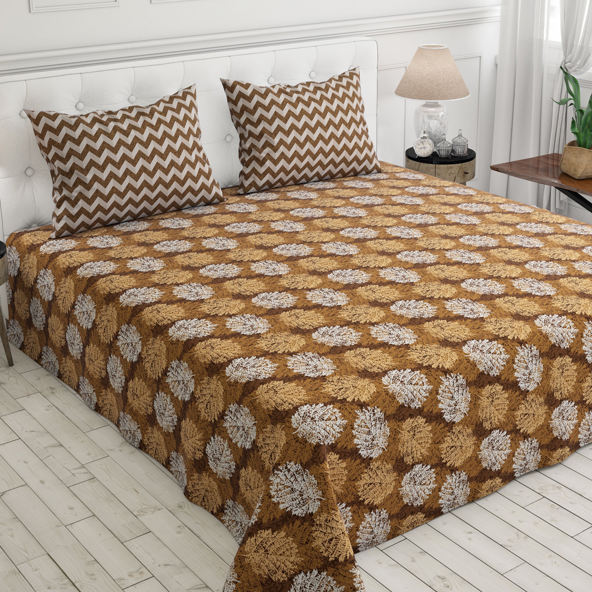 Xara Brown Leaf Design Bed Sheet Set - 7342-7343