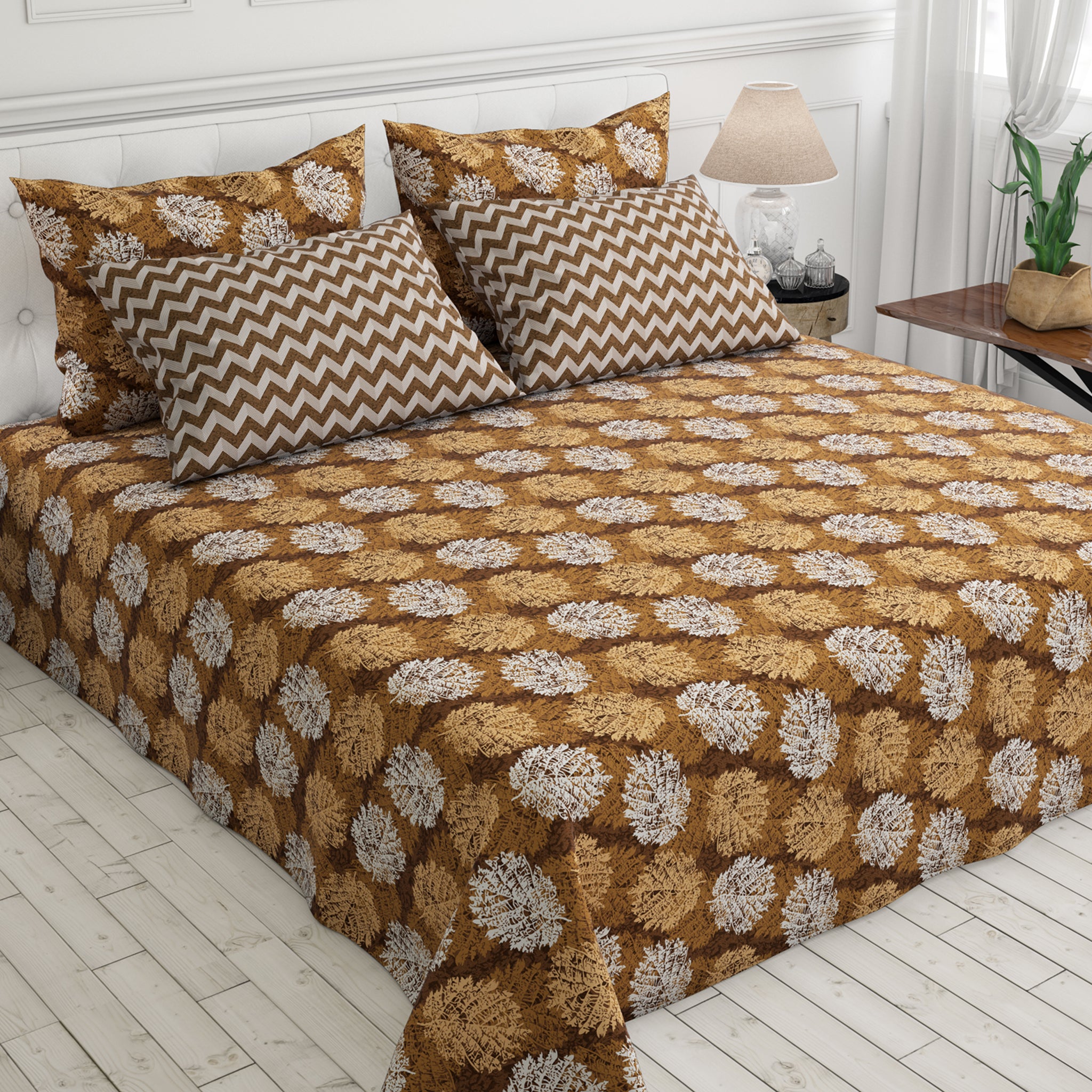 Xara Brown Leaf Design Bed Sheet Set - 7342-7343