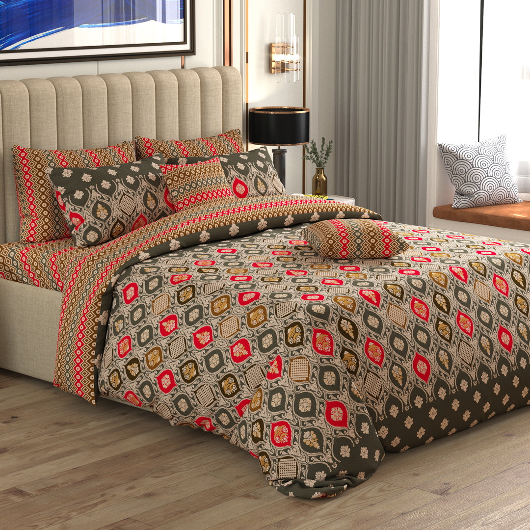 Xara Olive Green Patchwork Quilt Cover Set with Geometric Shapes & Floral Motifs - 7346