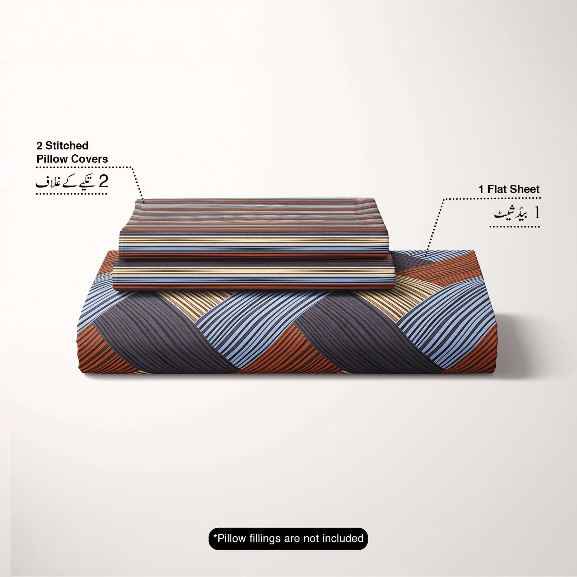 Brown Geometric Grid Bed Sheet Set with Striped Pillows in Sateen - 7400