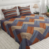 Brown Geometric Grid Bed Sheet Set with Striped Pillows in Sateen - 7400