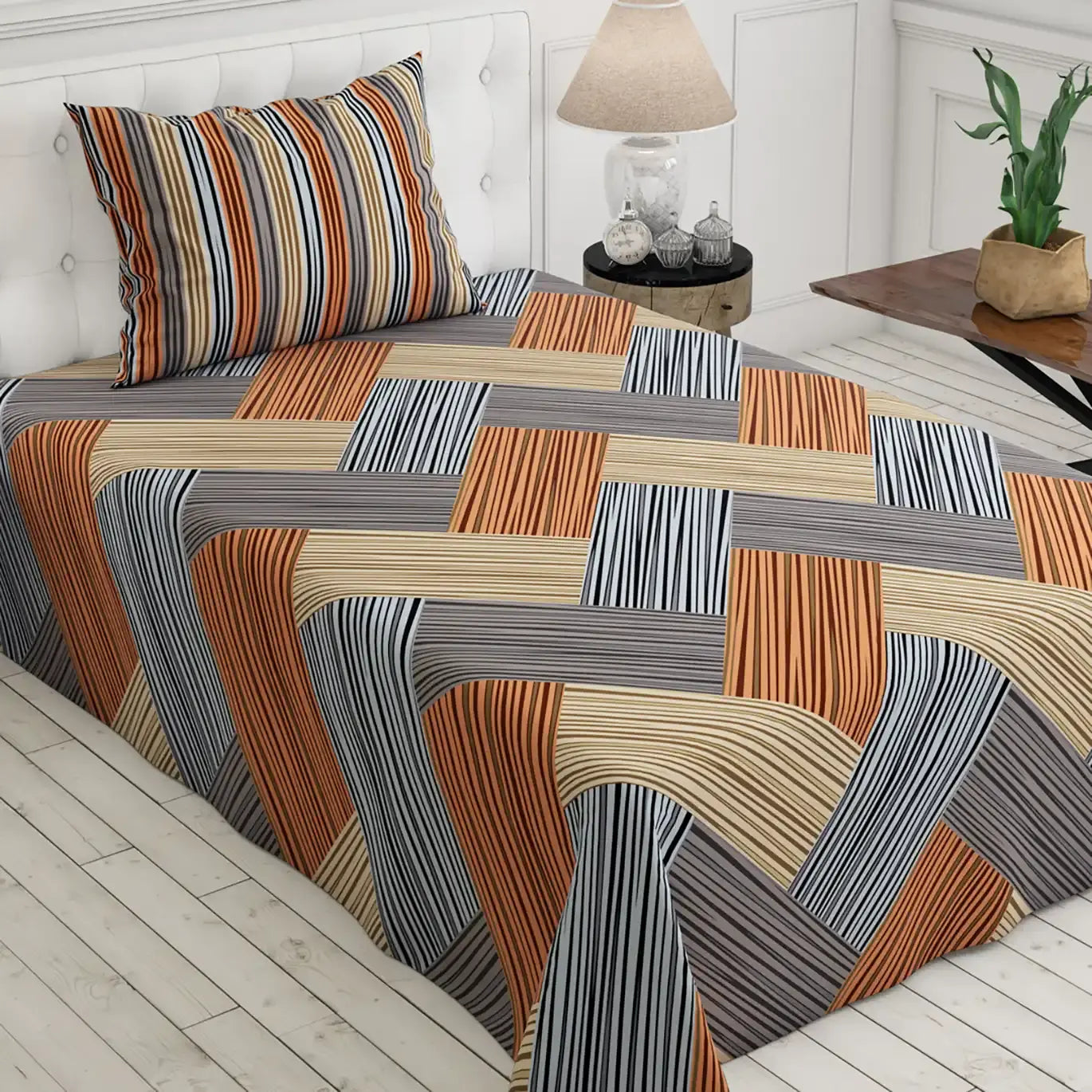 Brown Geometric Grid Bed Sheet Set with Striped Pillows in Sateen - 7400