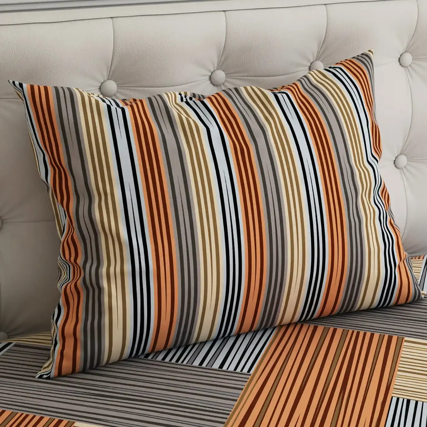 Brown Geometric Grid Bed Sheet Set with Striped Pillows in Sateen - 7400