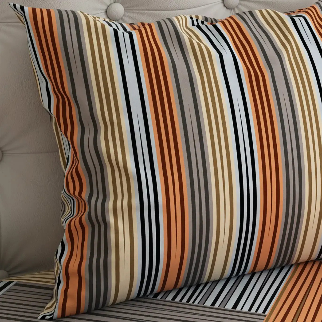 Brown Geometric Grid Bed Sheet Set with Striped Pillows in Sateen - 7400